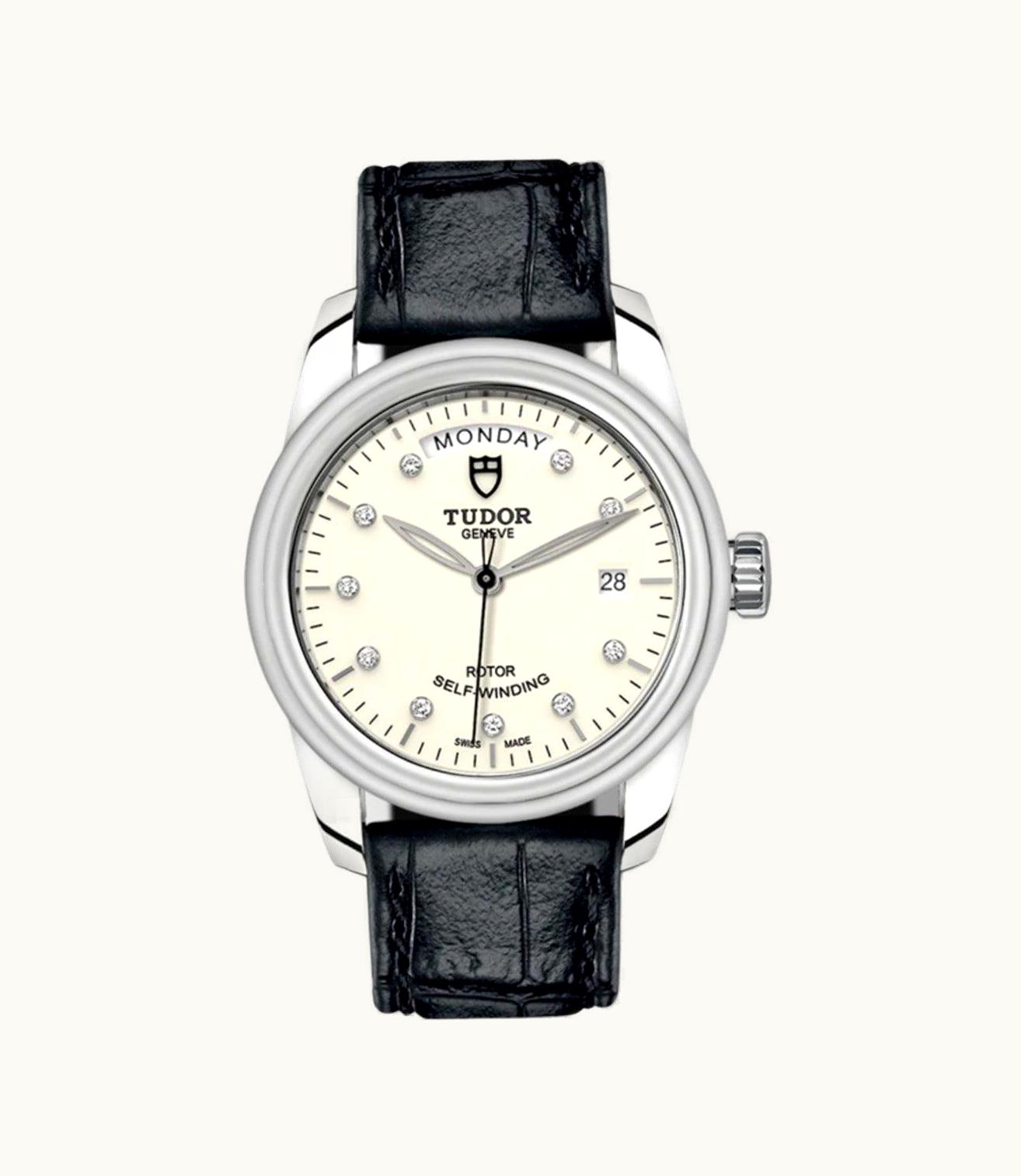 Tudor Glamour Day + Date Stainless Steel / Opaline-Diamond / Strap