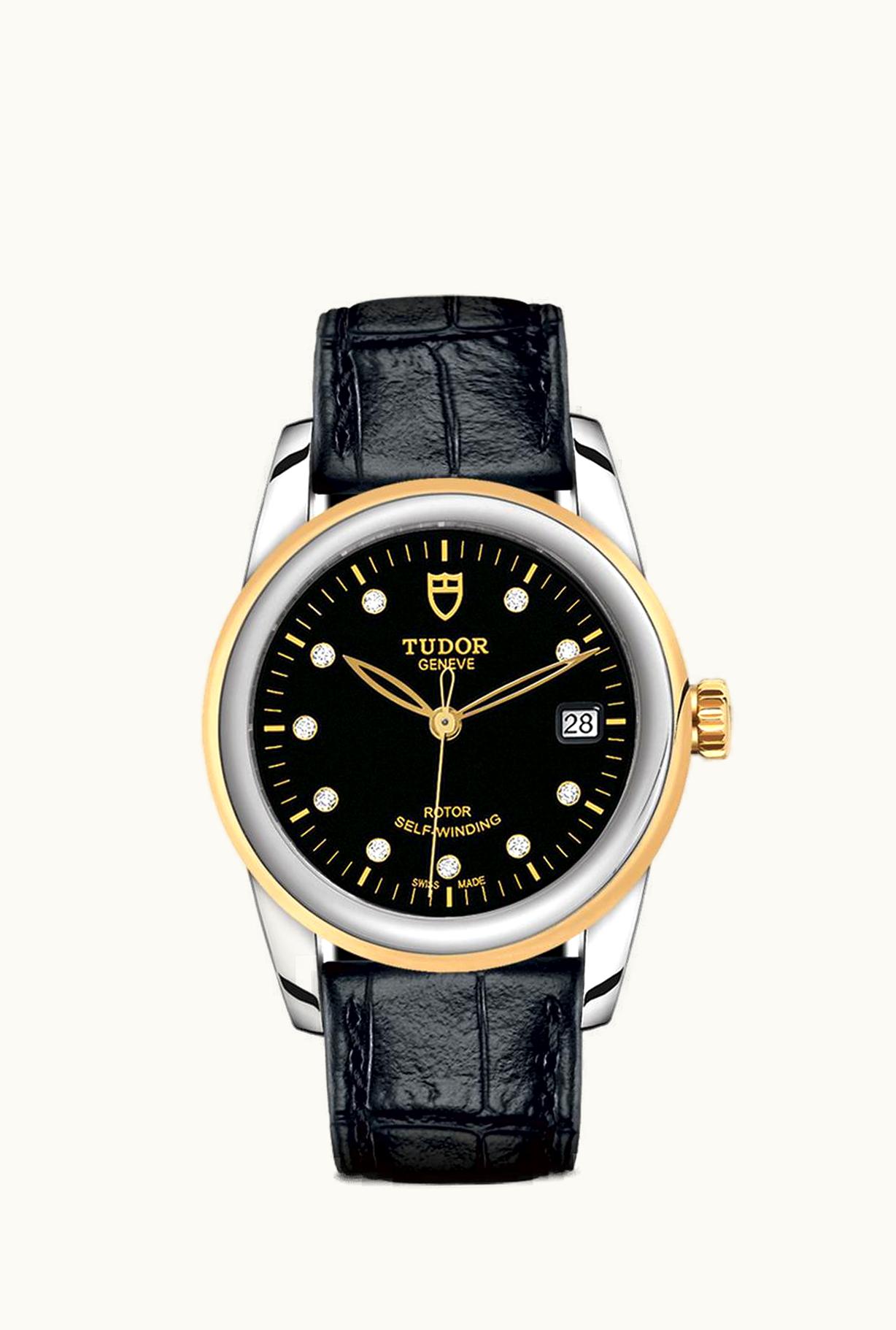 Tudor Glamour Date 36 Stainless Steel / Yellow Gold / Black-Diamond / Strap