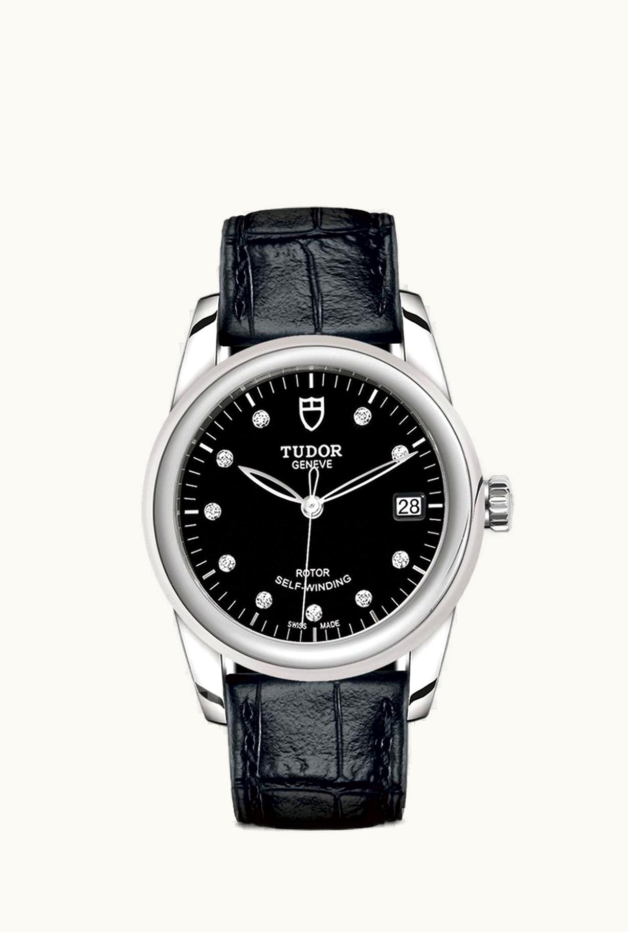 Tudor Glamour Date 36 Stainless Steel / Black-Diamond / Strap