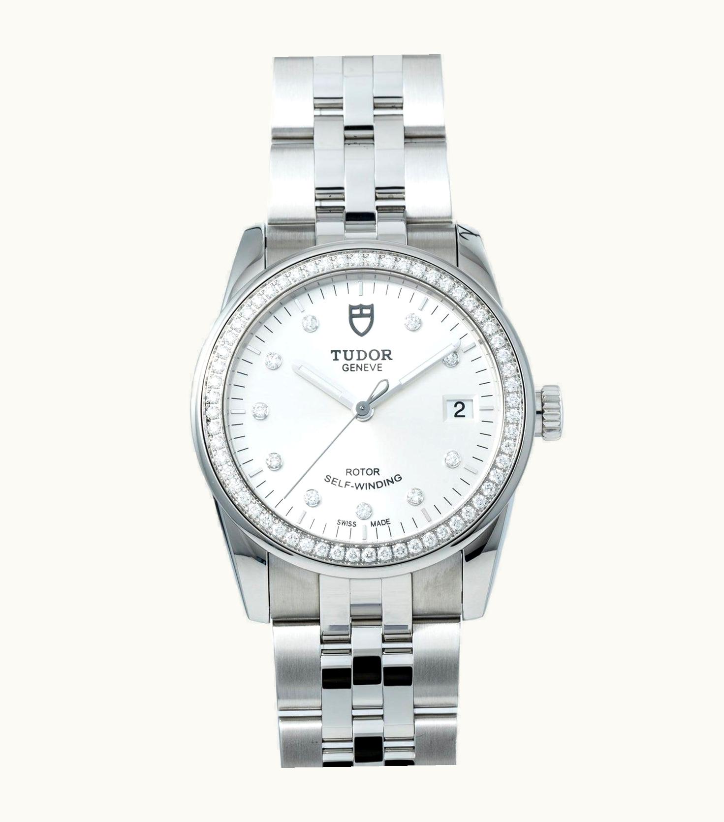 Tudor Glamour Date 36 Stainless Steel / Diamond / Silver-Diamond / Strap