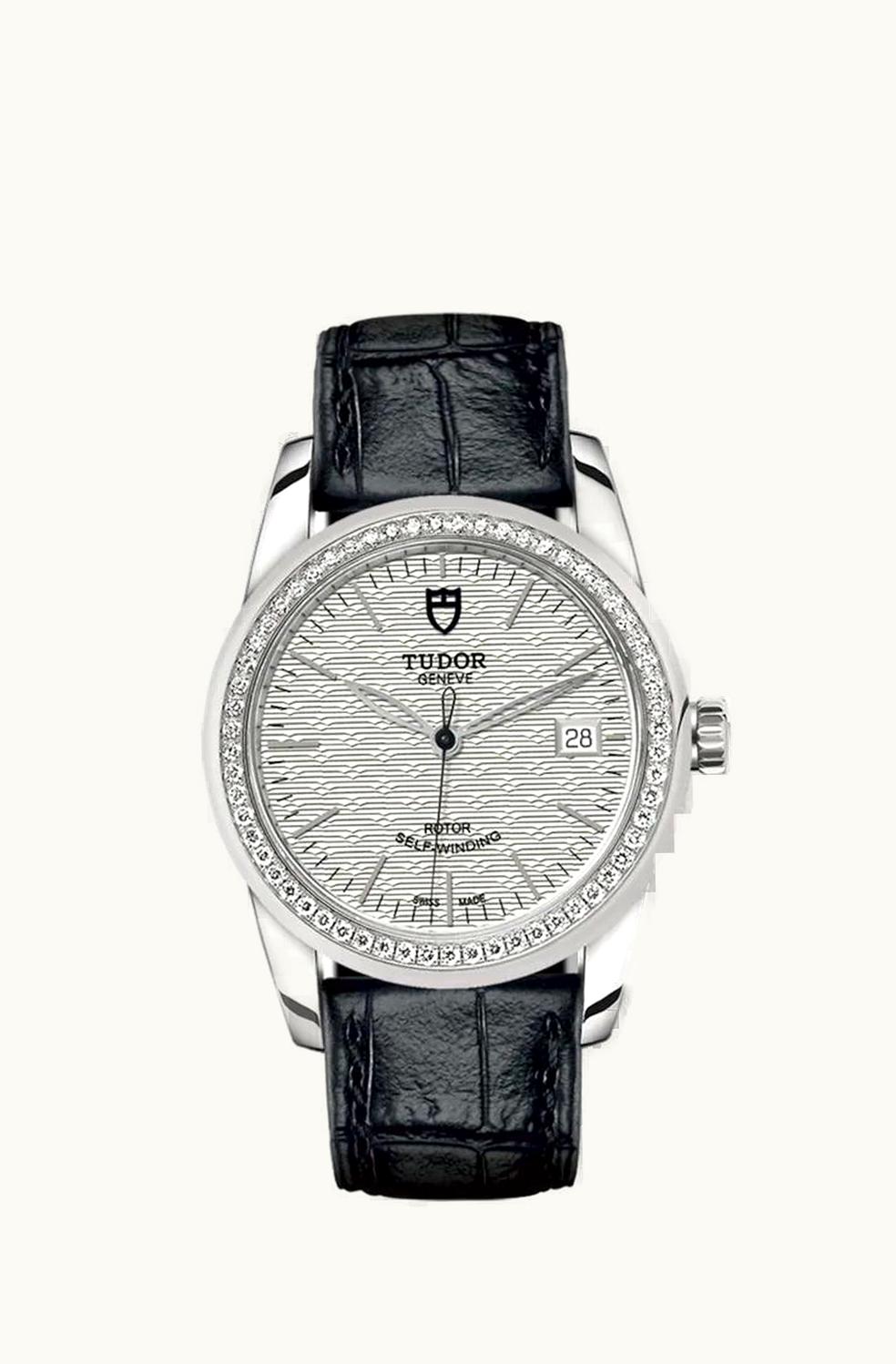 Tudor Glamour Date 36 Stainless Steel / Diamond / Jacquard Silver / Strap
