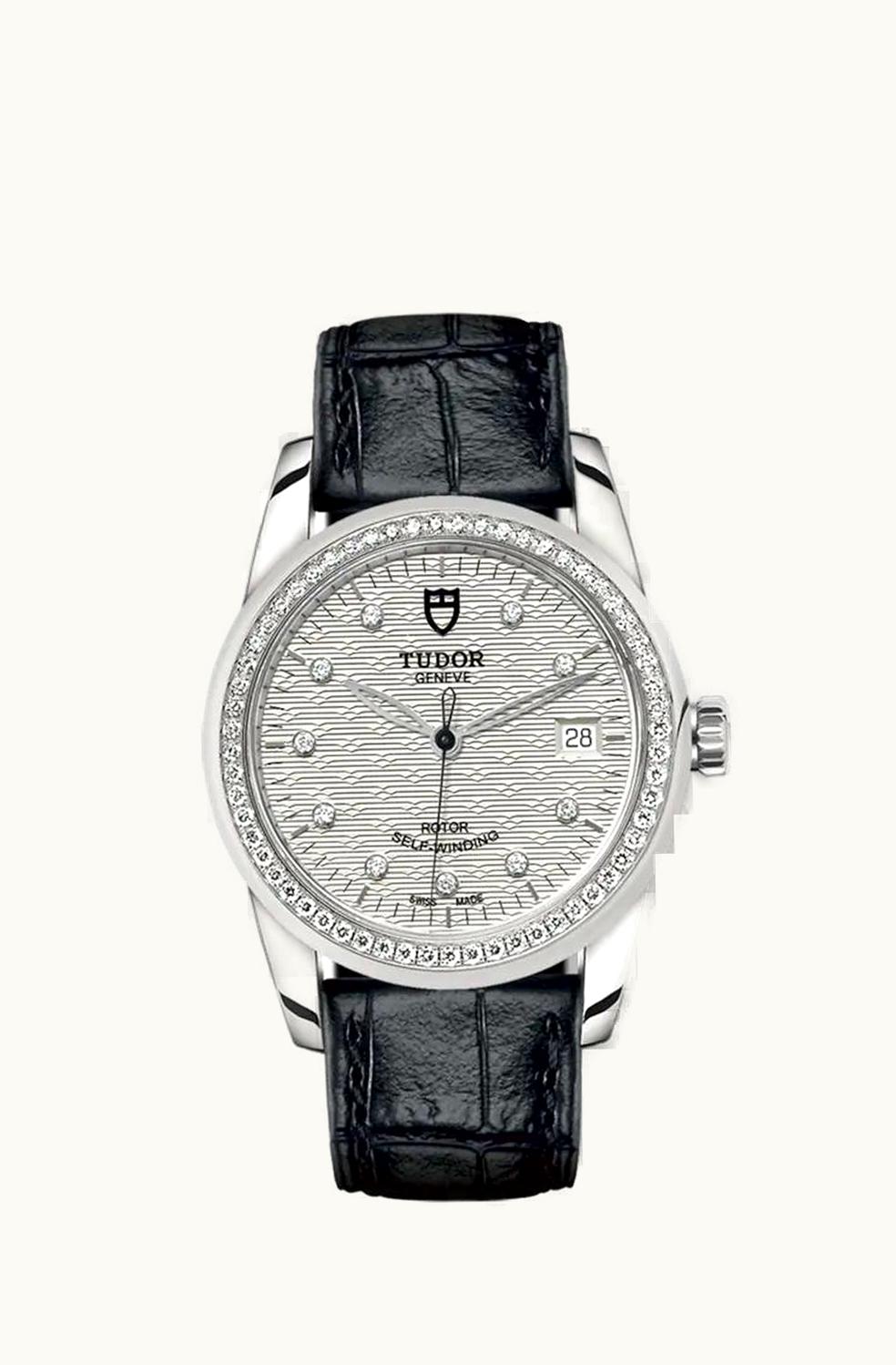 Tudor Glamour Date 36 Stainless Steel / Diamond / Jacquard Silver-Diamond / Strap