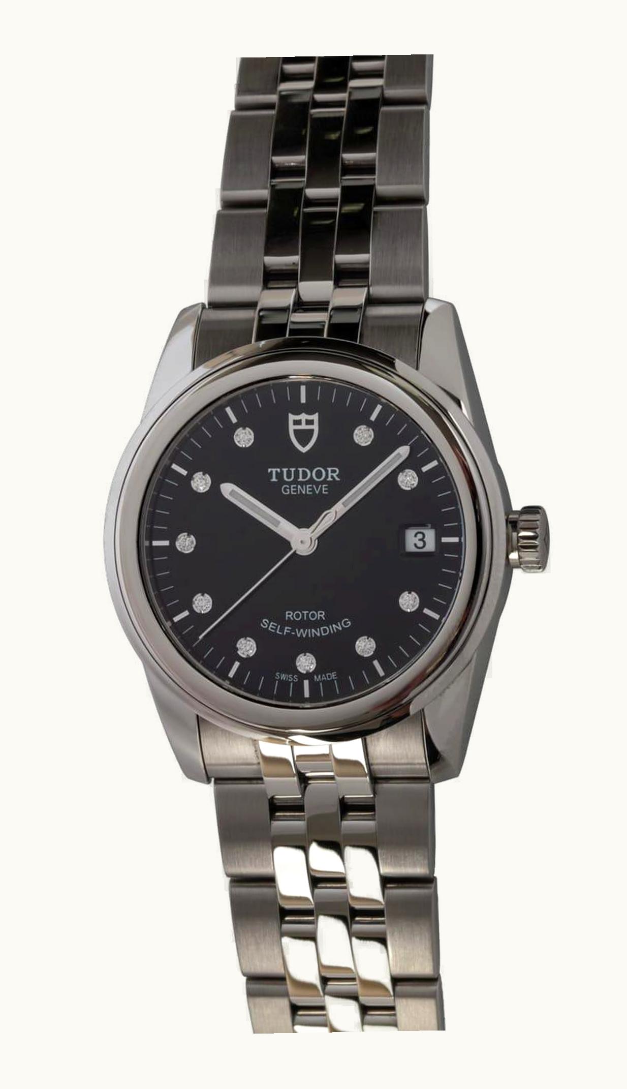 Tudor Glamour Date 36 Stainless Steel / Opaline-Diamond / Strap