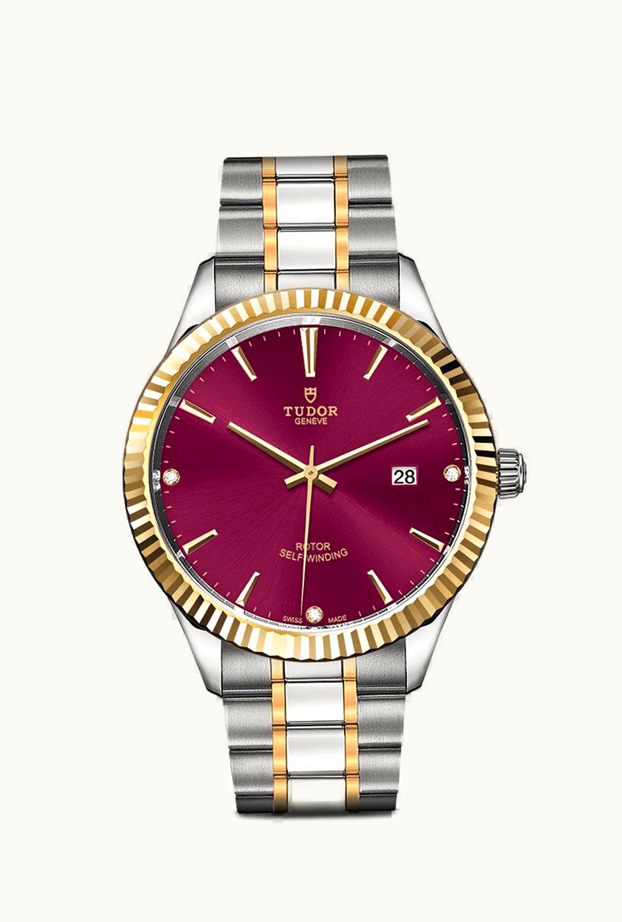 Tudor Style 41 Stainless Steel / Yellow Gold / Fluted / Burgundy-Diamond / Bracelet