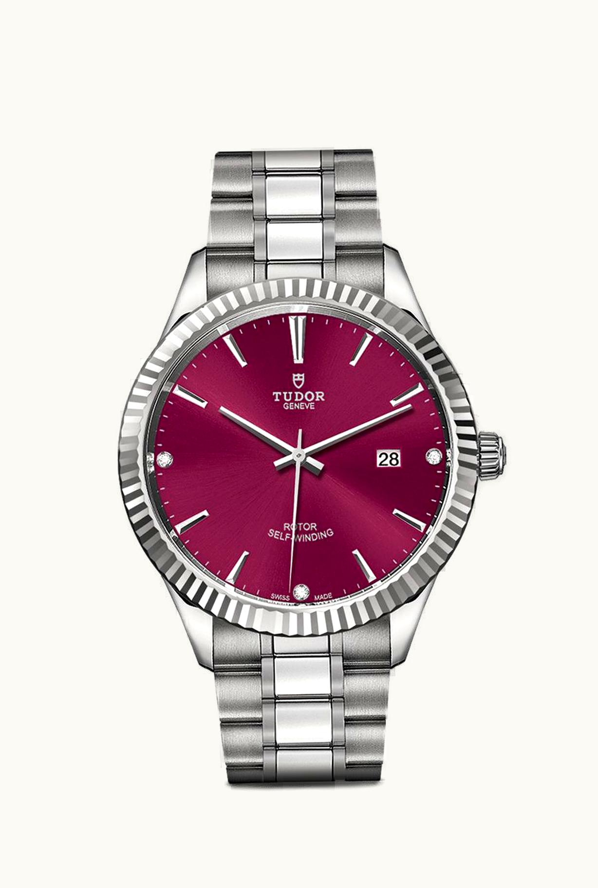 Tudor Style 41 Stainless Steel / Fluted / Burgundy-Diamond / Bracelet