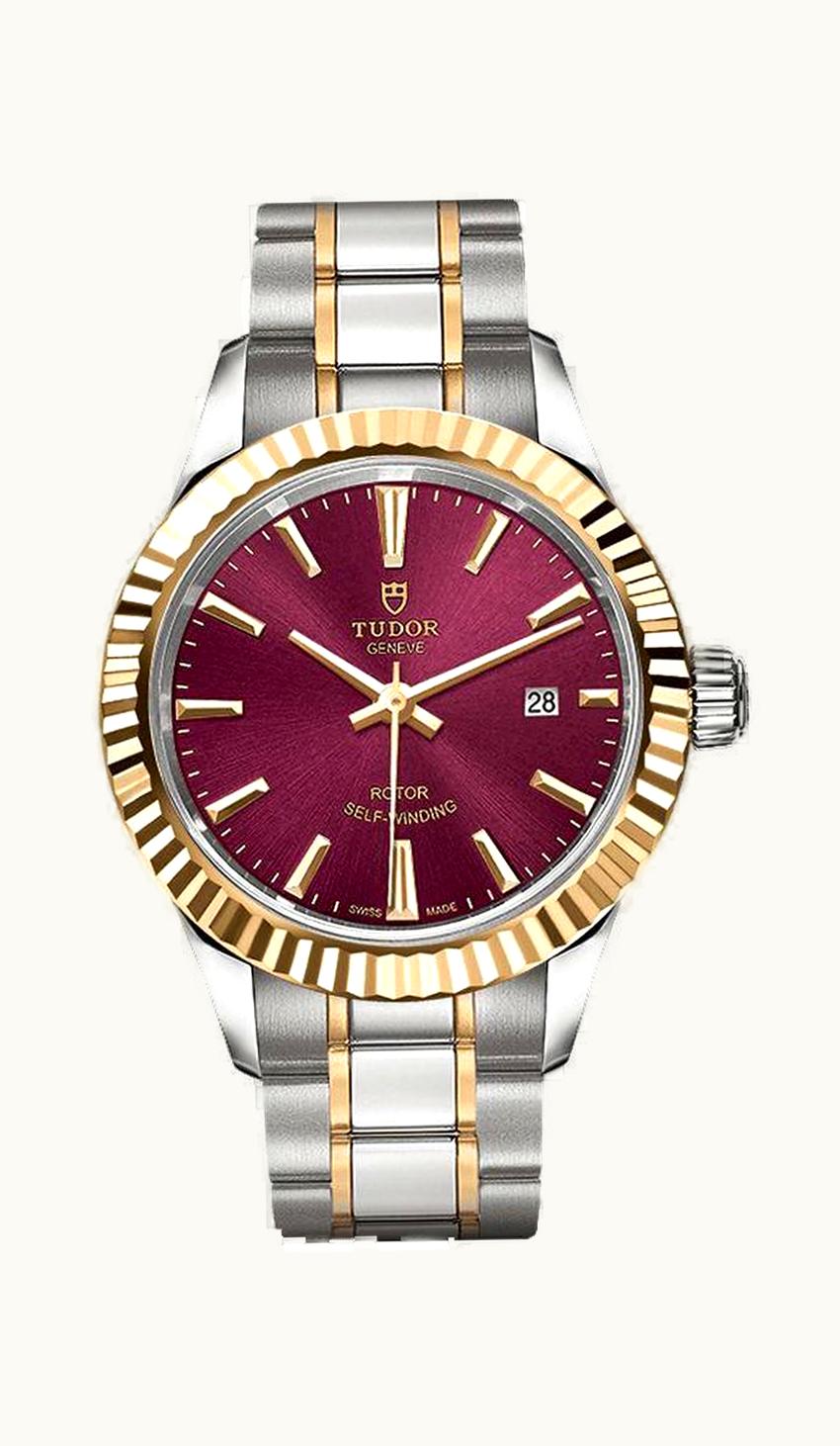 Tudor Style 28 Stainless Steel / Yellow Gold / Fluted / Burgundy-Diamond / Strap