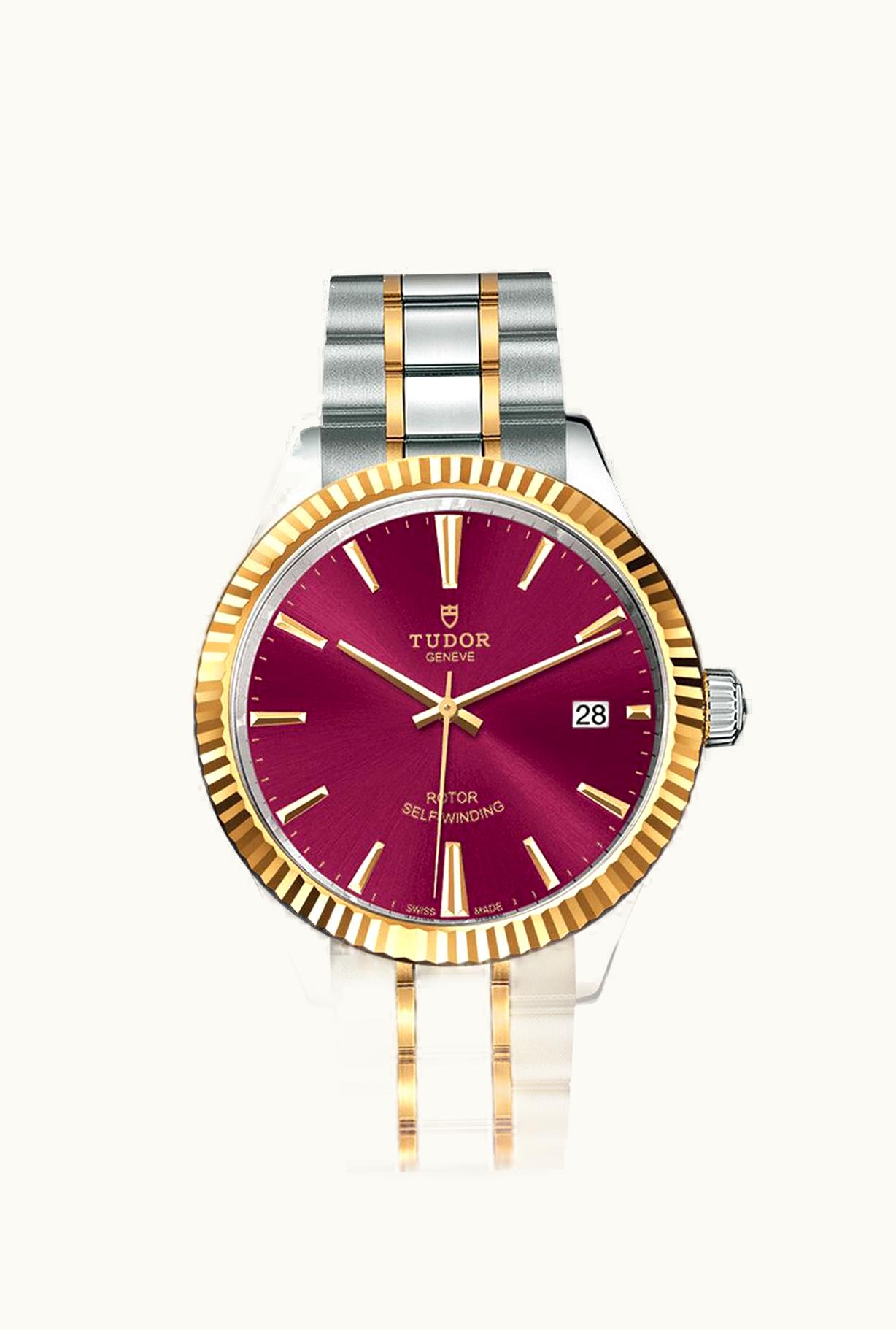 Tudor Style 38 Stainless Steel / Yellow Gold / Fluted / Burgundy / Bracelet