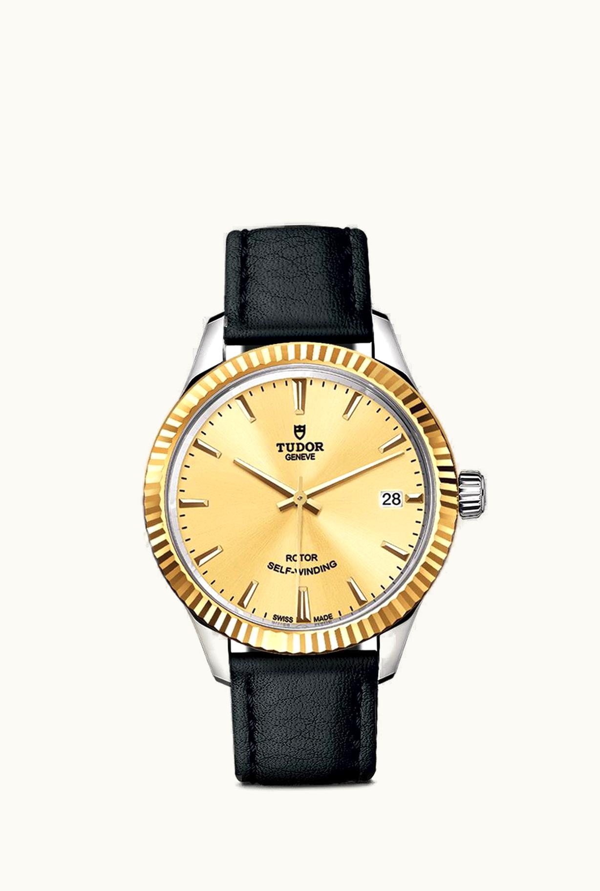 Tudor Style 34 Stainless Steel / Yellow Gold / Fluted / Champagne / Strap