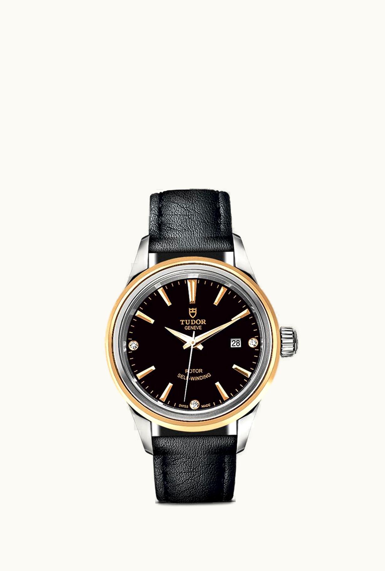 Tudor Style 28 Stainless Steel / Yellow Gold / Black-Diamond / Strap