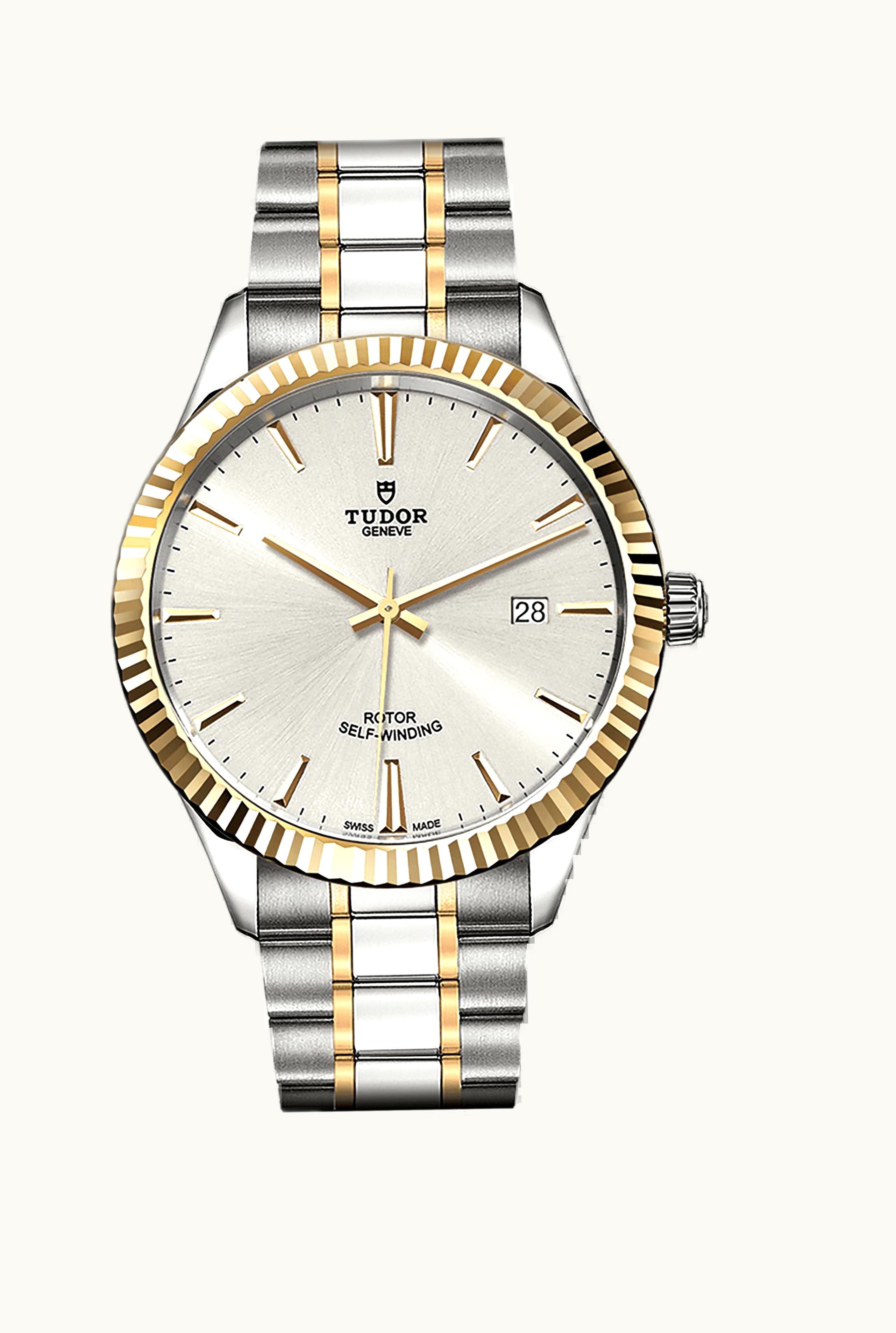 Tudor Style 41 Stainless Steel / Yellow Gold / Fluted / Silver-Diamond / Strap
