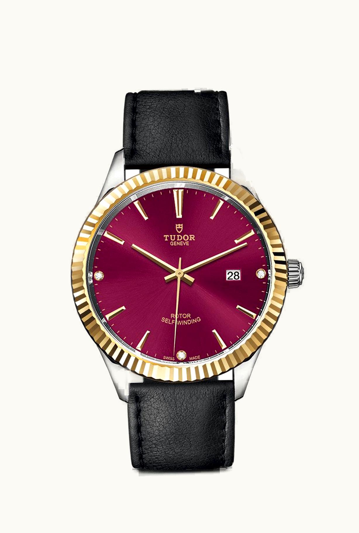 Tudor Style 41 Stainless Steel / Yellow Gold / Fluted / Burgundy-Diamond / Strap