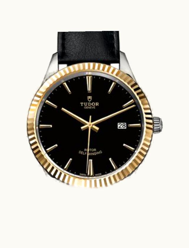 Tudor Style 41 Stainless Steel / Yellow Gold / Fluted / Black-Diamond / Strap