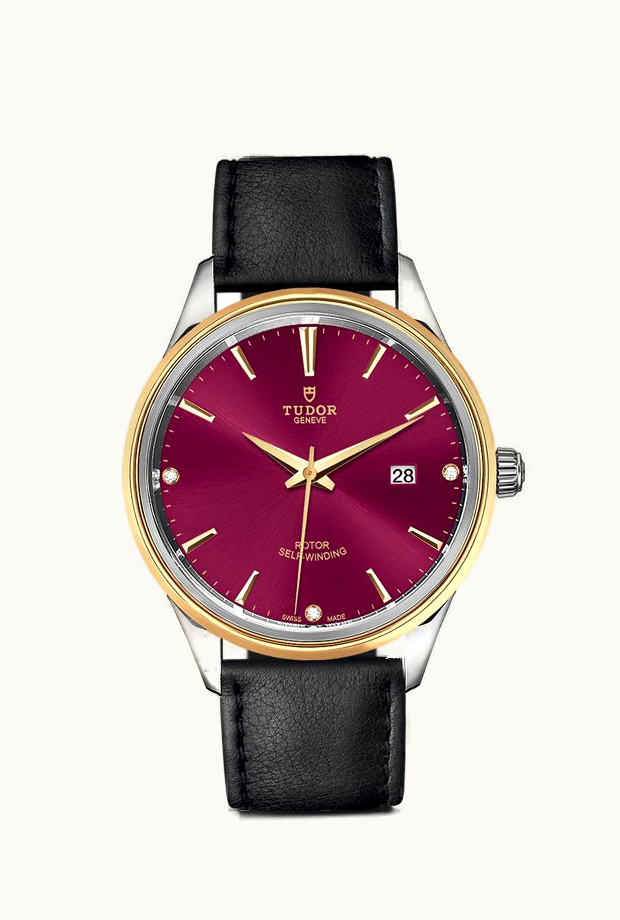Tudor Style 41 Stainless Steel / Yellow Gold / Burgundy-Diamond / Strap
