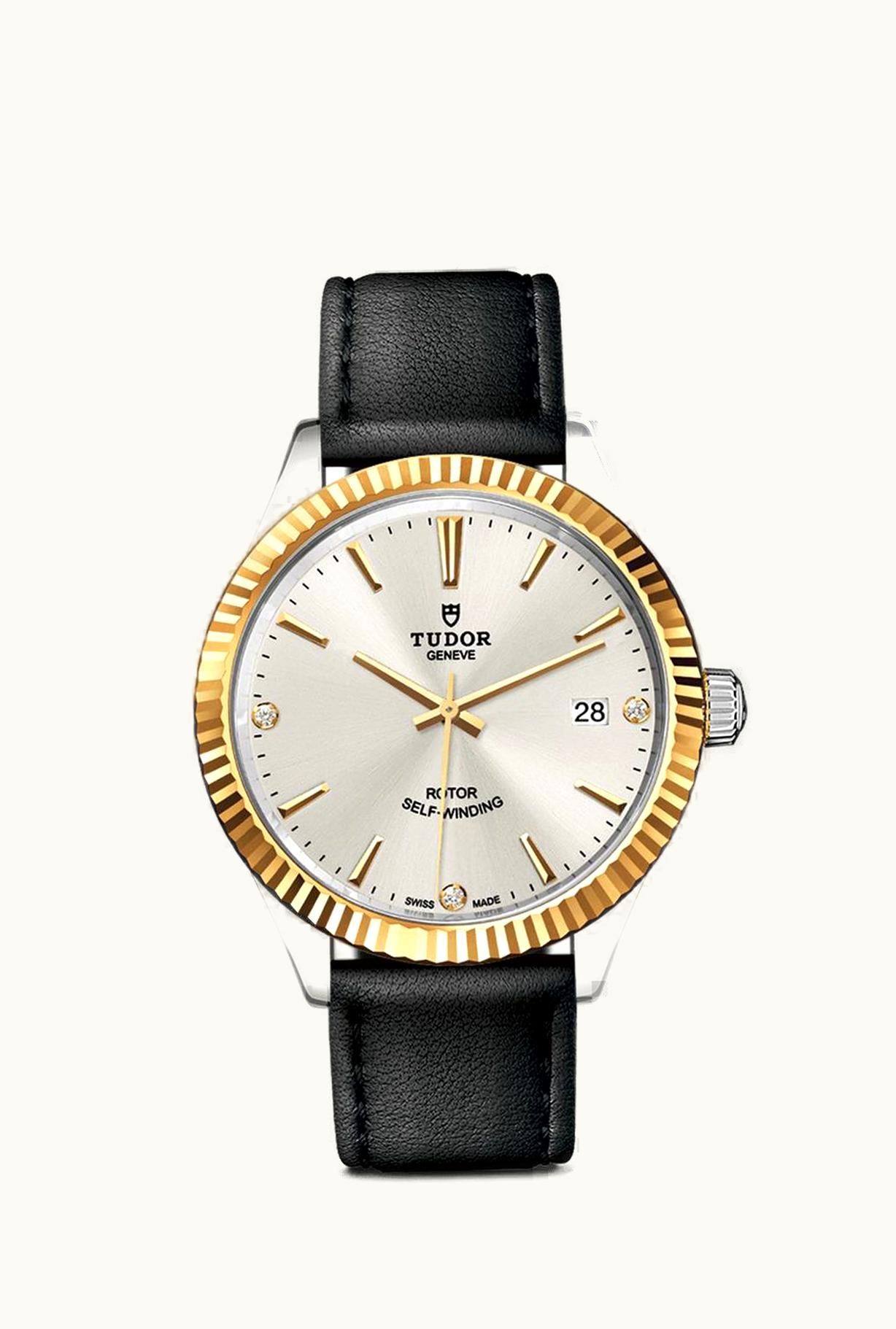 Tudor Style 38 Stainless Steel / Yellow Gold / Fluted / Silver-Diamond / Strap