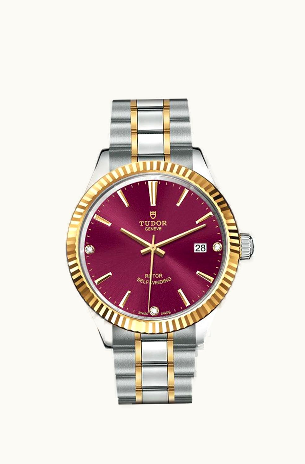Tudor Style 38 Stainless Steel / Yellow Gold / Fluted / Burgundy-Diamond / Bracelet