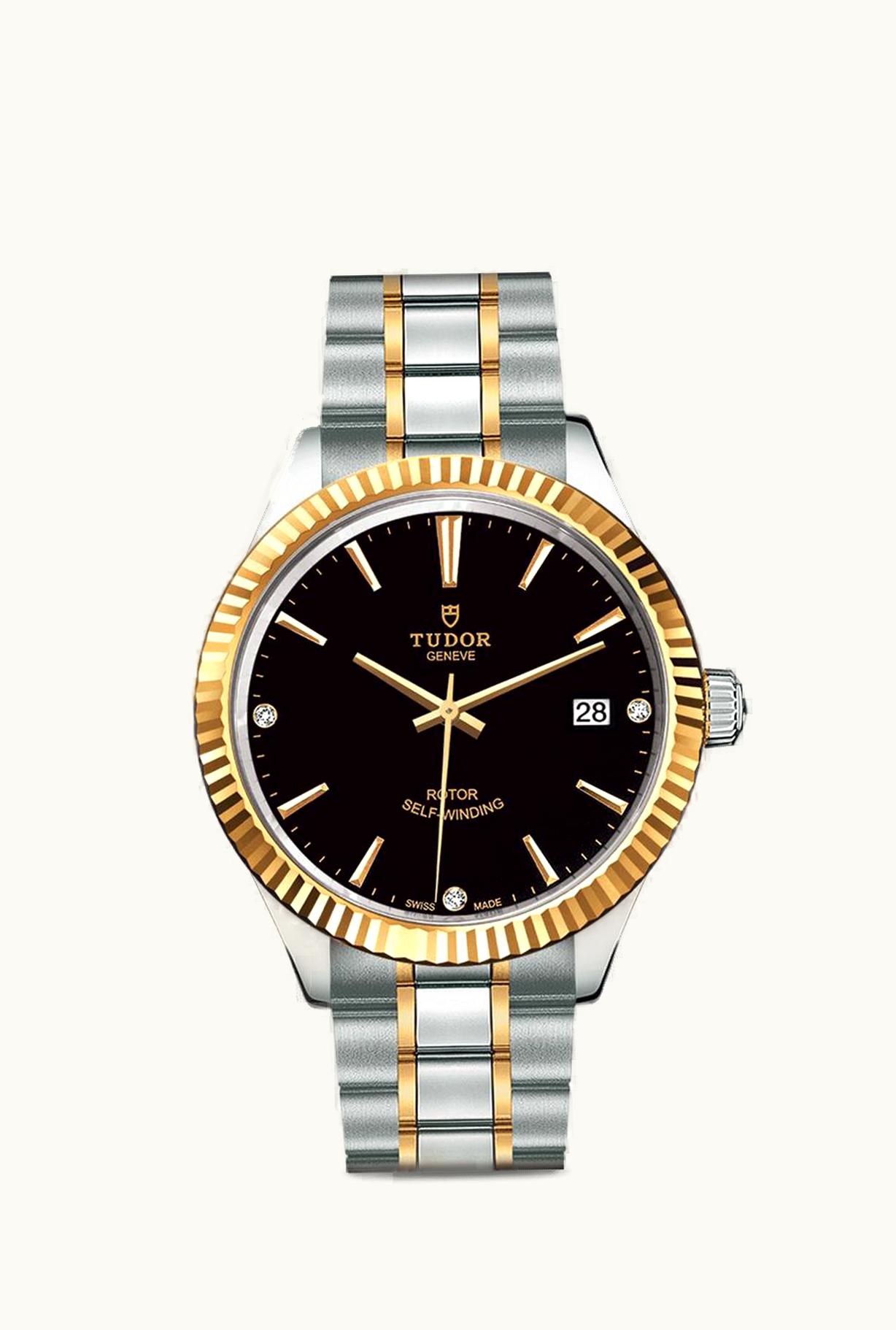 Tudor Style 38 Stainless Steel / Yellow Gold / Fluted / Black-Diamond / Bracelet