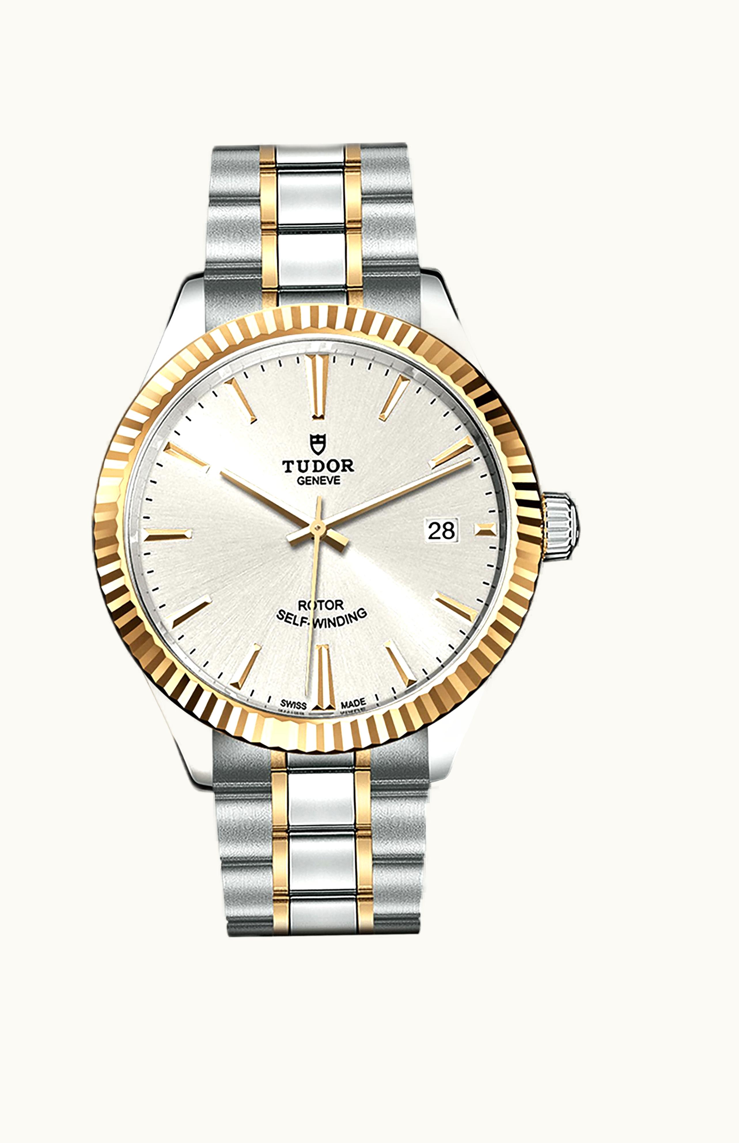 Tudor Style 38 Stainless Steel / Yellow Gold / Fluted / Black-Diamond / Strap