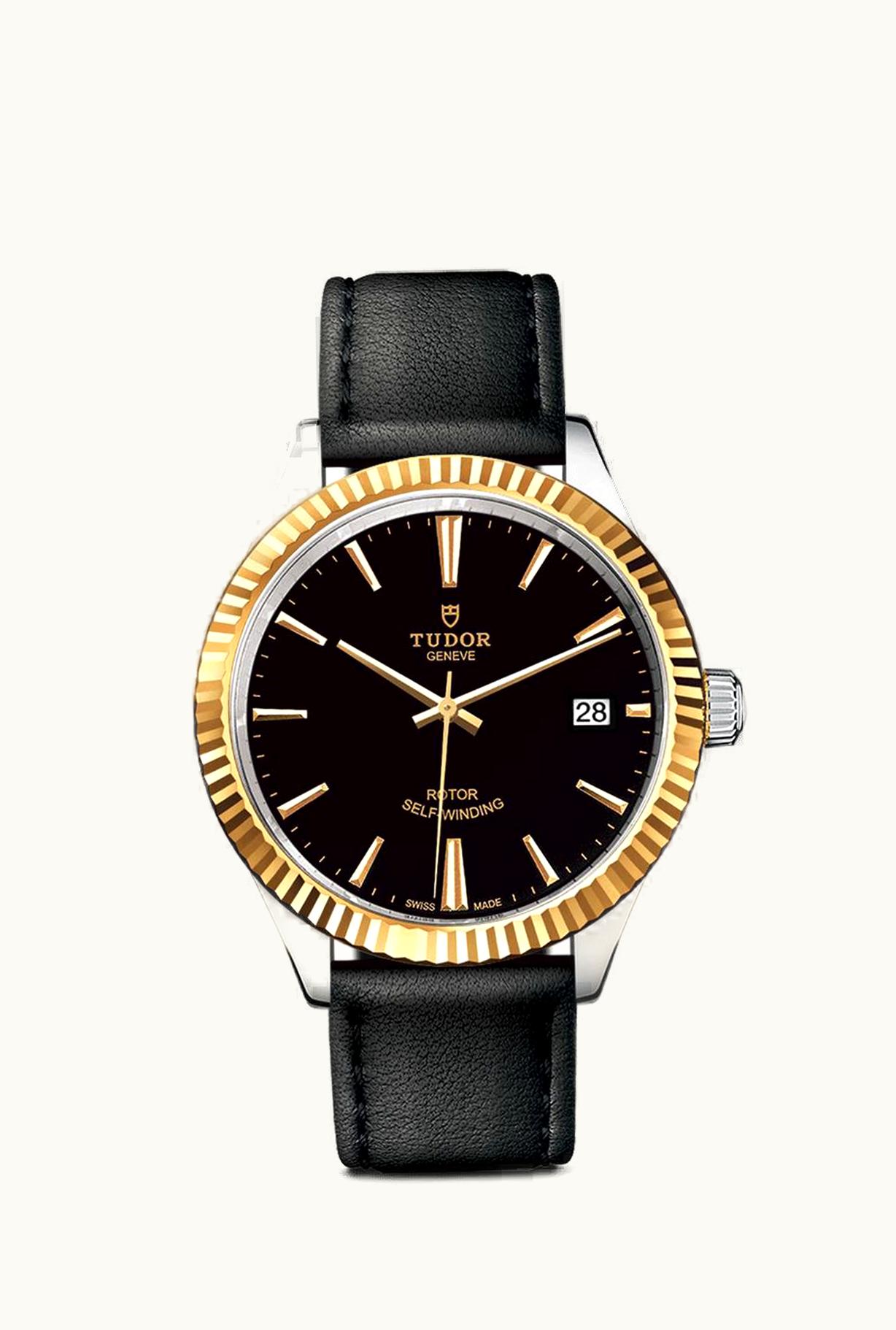 Tudor Style 38 Stainless Steel / Yellow Gold / Fluted / Black / Strap