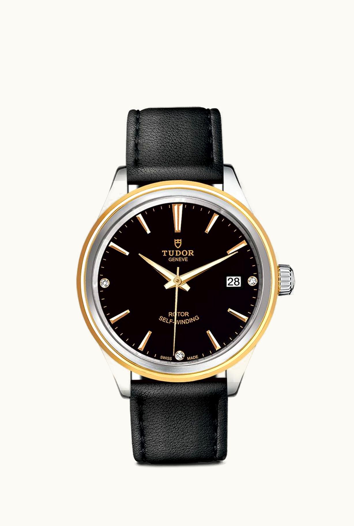 Tudor Style 38 Stainless Steel / Yellow Gold / Black-Diamond / Strap