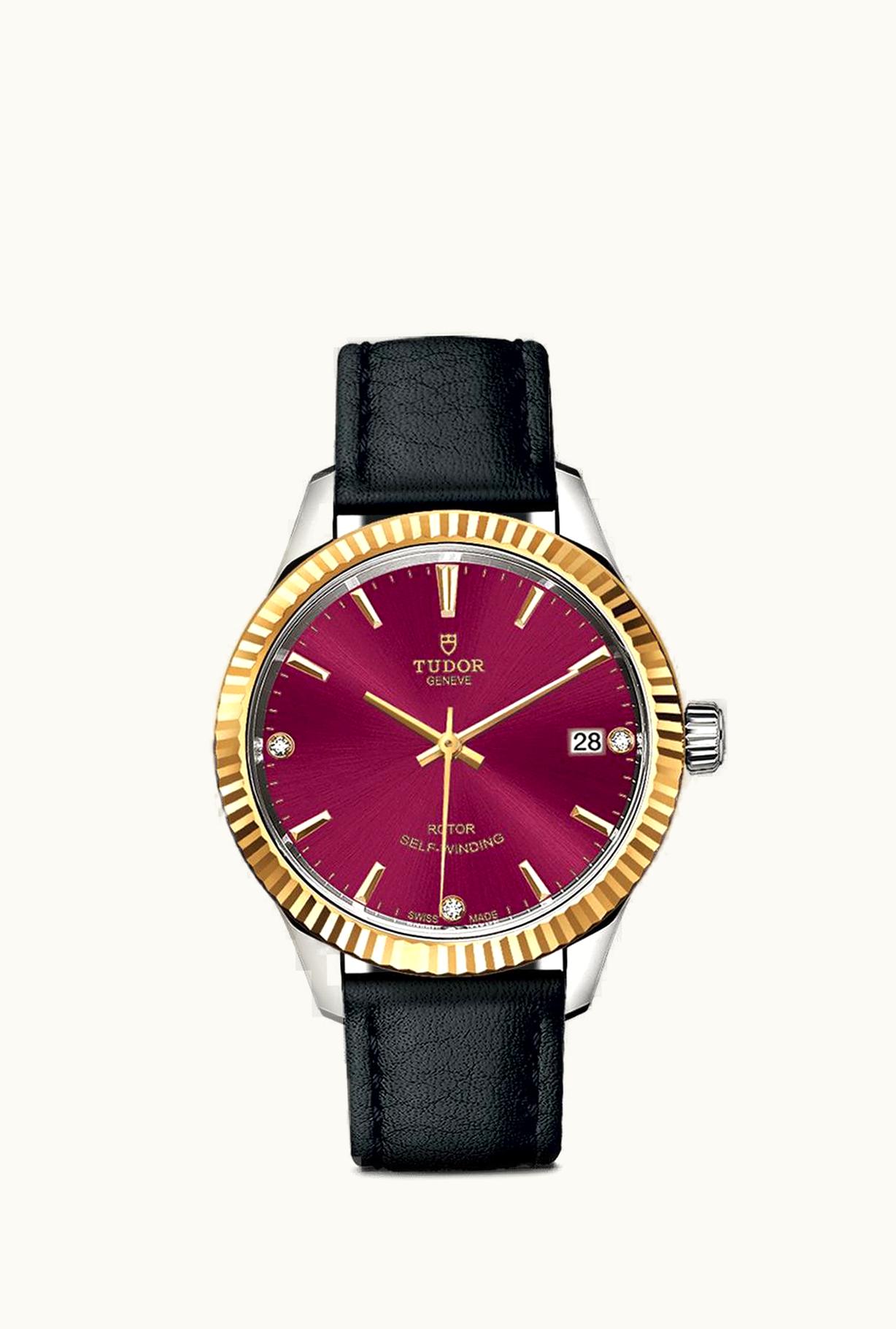Tudor Style 34 Stainless Steel / Yellow Gold / Fluted / Burgundy-Diamond / Strap