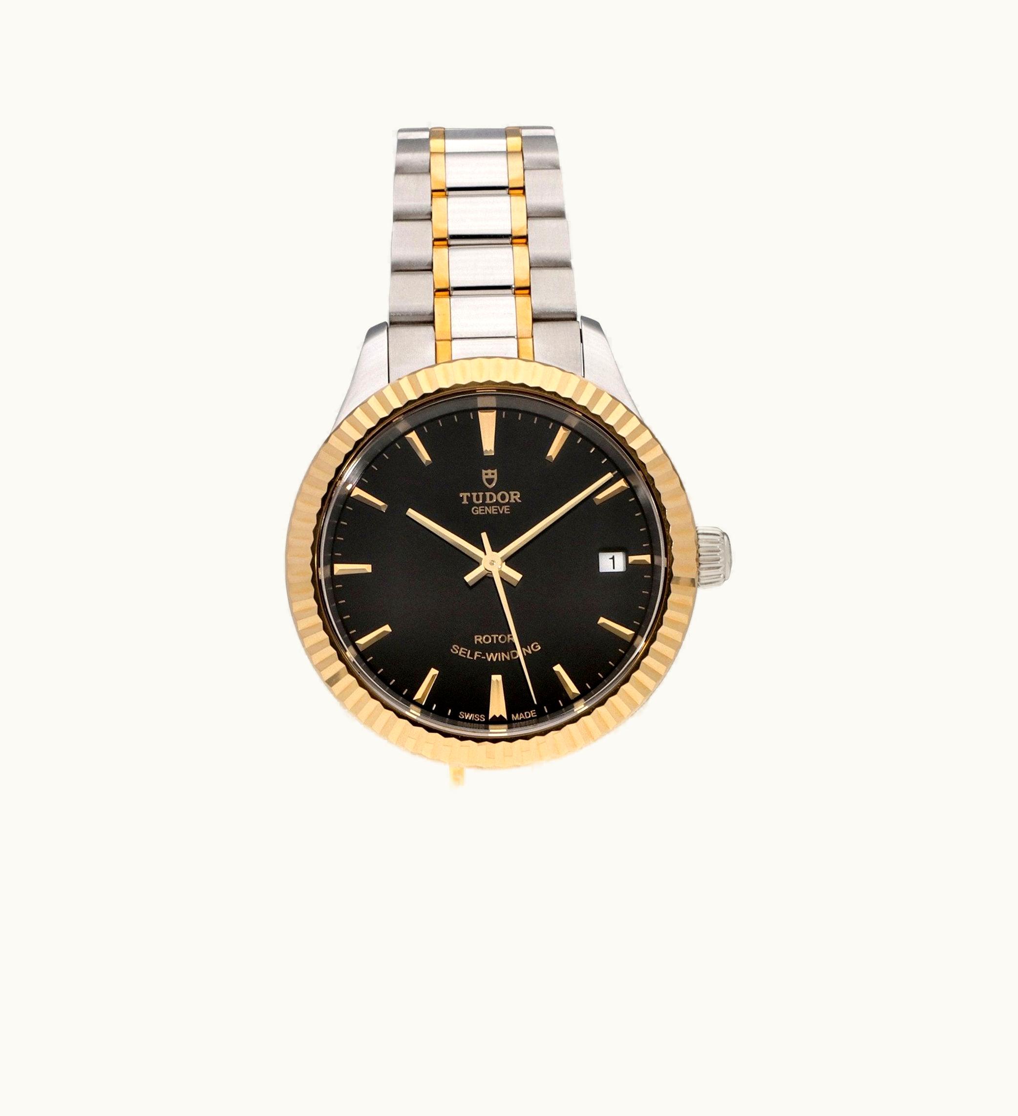 Tudor Style 34 Stainless Steel / Yellow Gold / Fluted / Black-Diamond / Strap