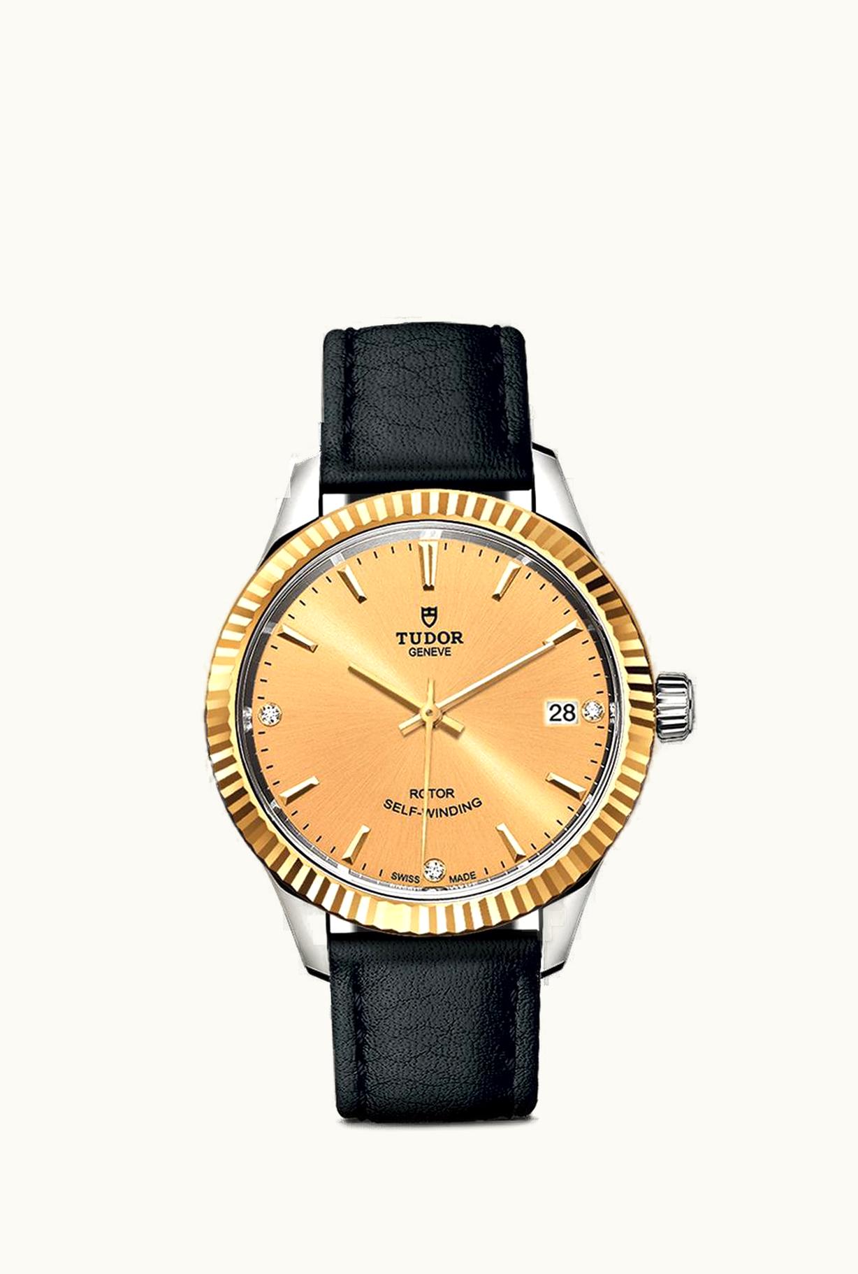 Tudor Style 34 Stainless Steel / Yellow Gold / Fluted / Champagne-Diamond / Strap