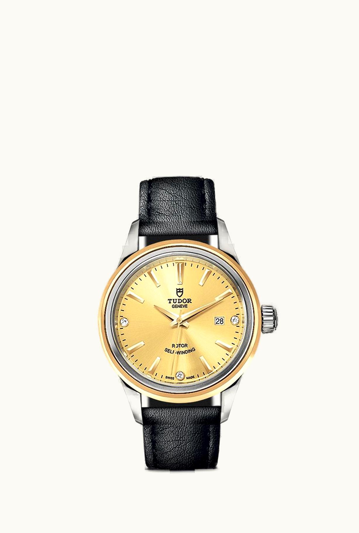 Tudor Style 28 Stainless Steel / Yellow Gold / Champagne-Diamond / Strap