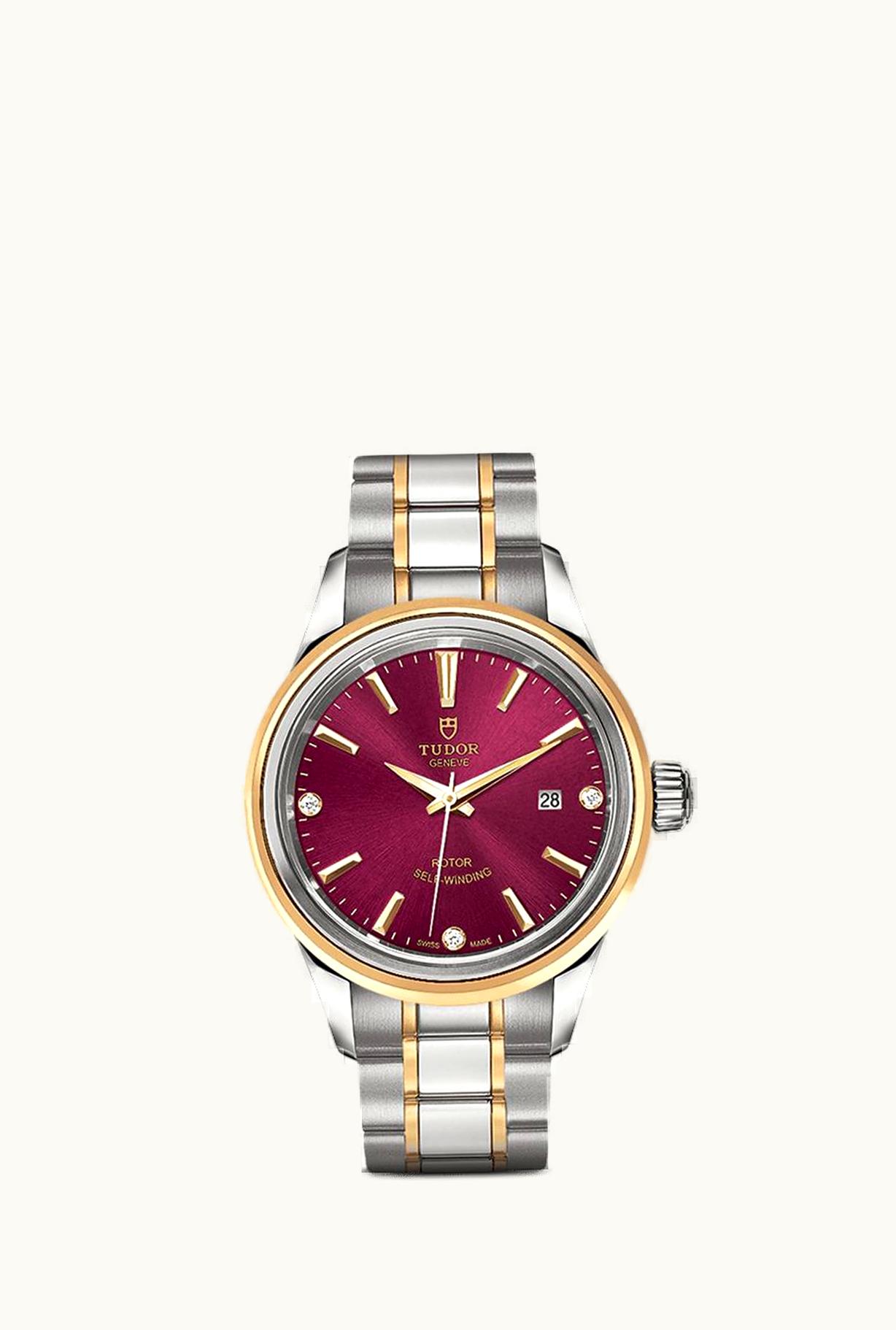 Tudor Style 28 Stainless Steel / Yellow Gold / Burgundy-Diamond / Strap