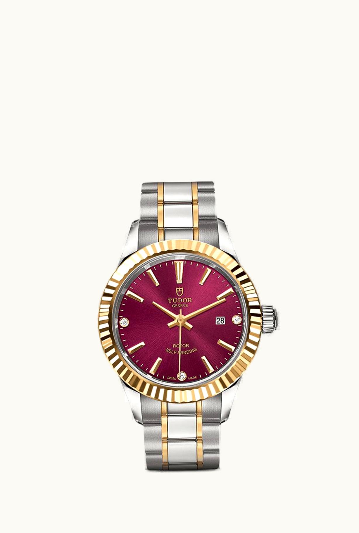 Tudor Style 28 Stainless Steel / Yellow Gold / Fluted / Burgundy-Diamond / Bracelet