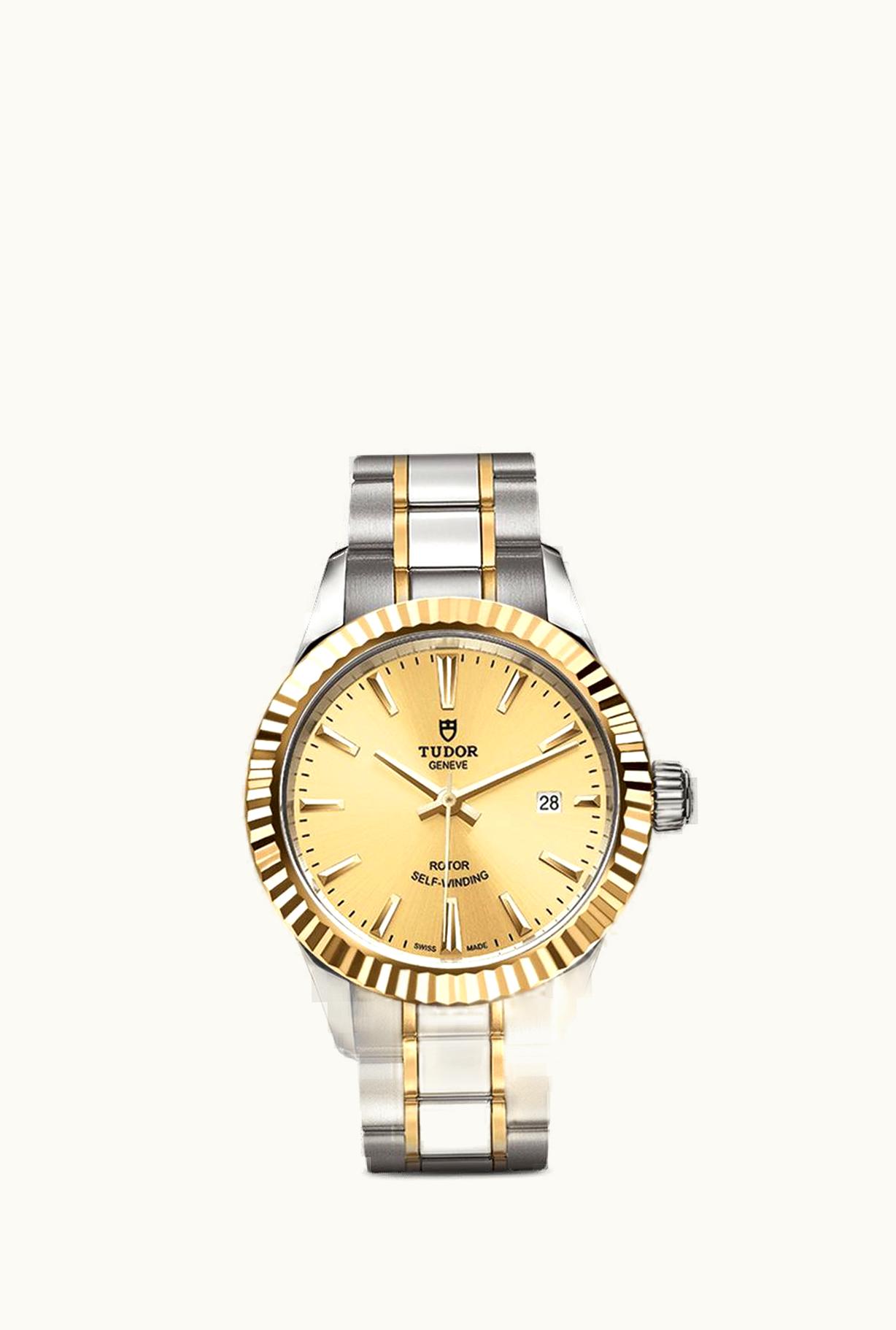 Tudor Style 28 Stainless Steel / Yellow Gold / Fluted / Black / Strap