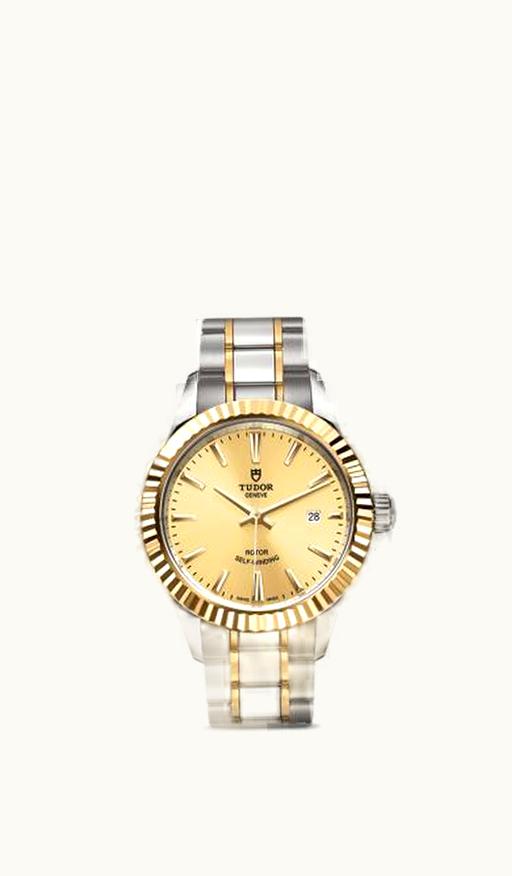 Tudor Style 28 Stainless Steel / Yellow Gold / Fluted / Silver-Diamond / Strap
