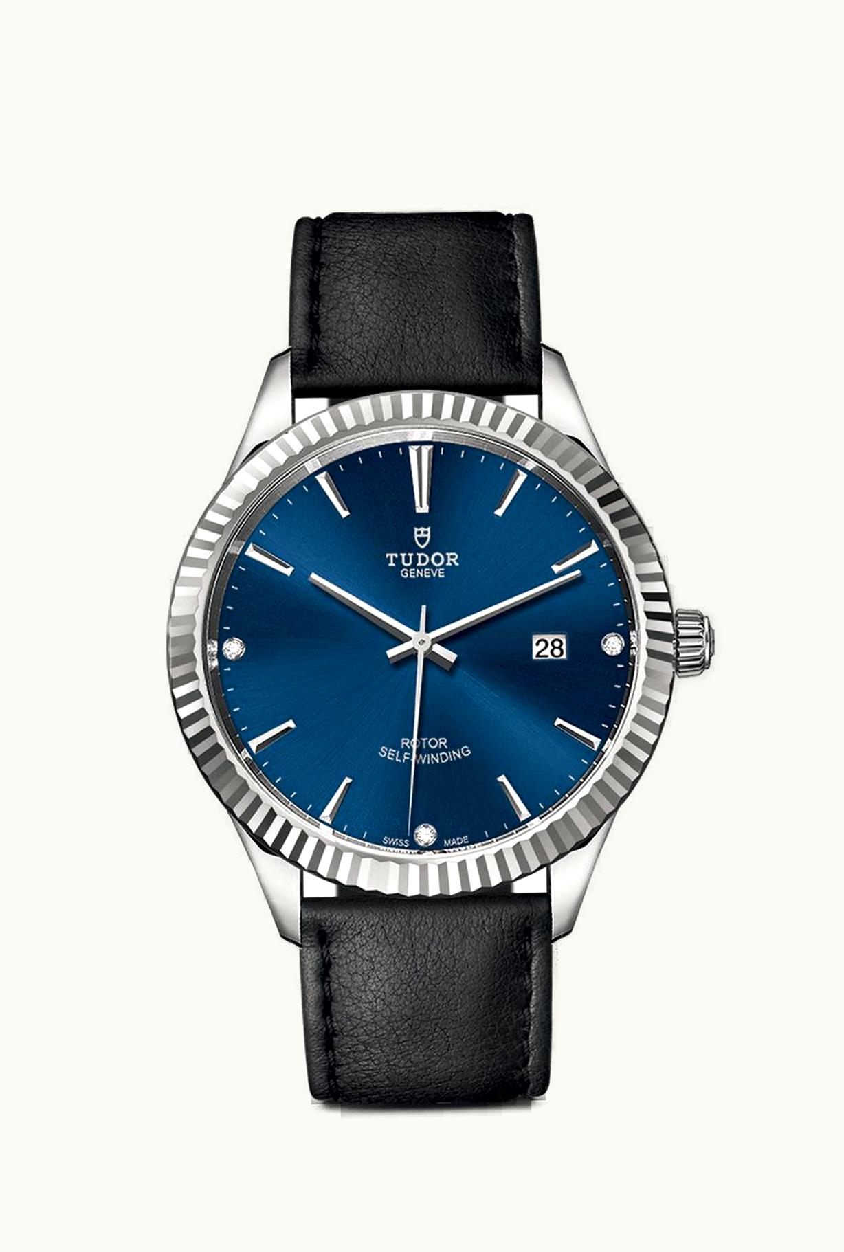 Tudor Style 41 Stainless Steel / Fluted / Blue-Diamond / Strap