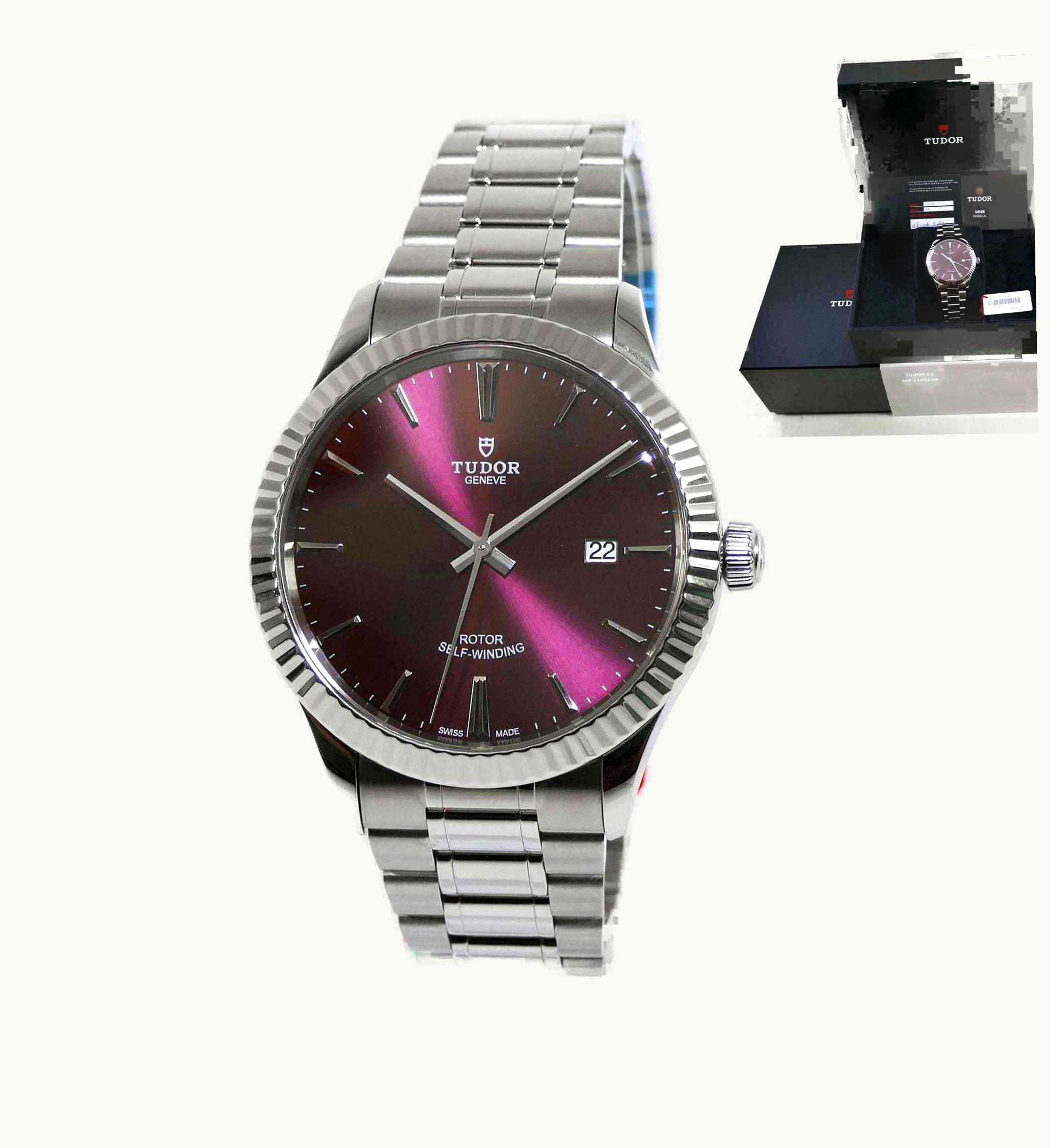 Tudor Style 41 Stainless Steel / Fluted / Burgundy-Diamond / Strap