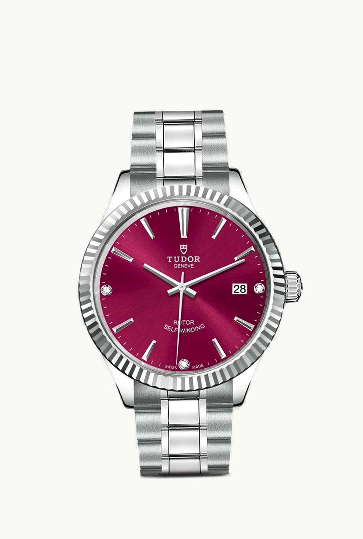 Tudor Style 38 Stainless Steel / Fluted / Burgundy-Diamond / Bracelet
