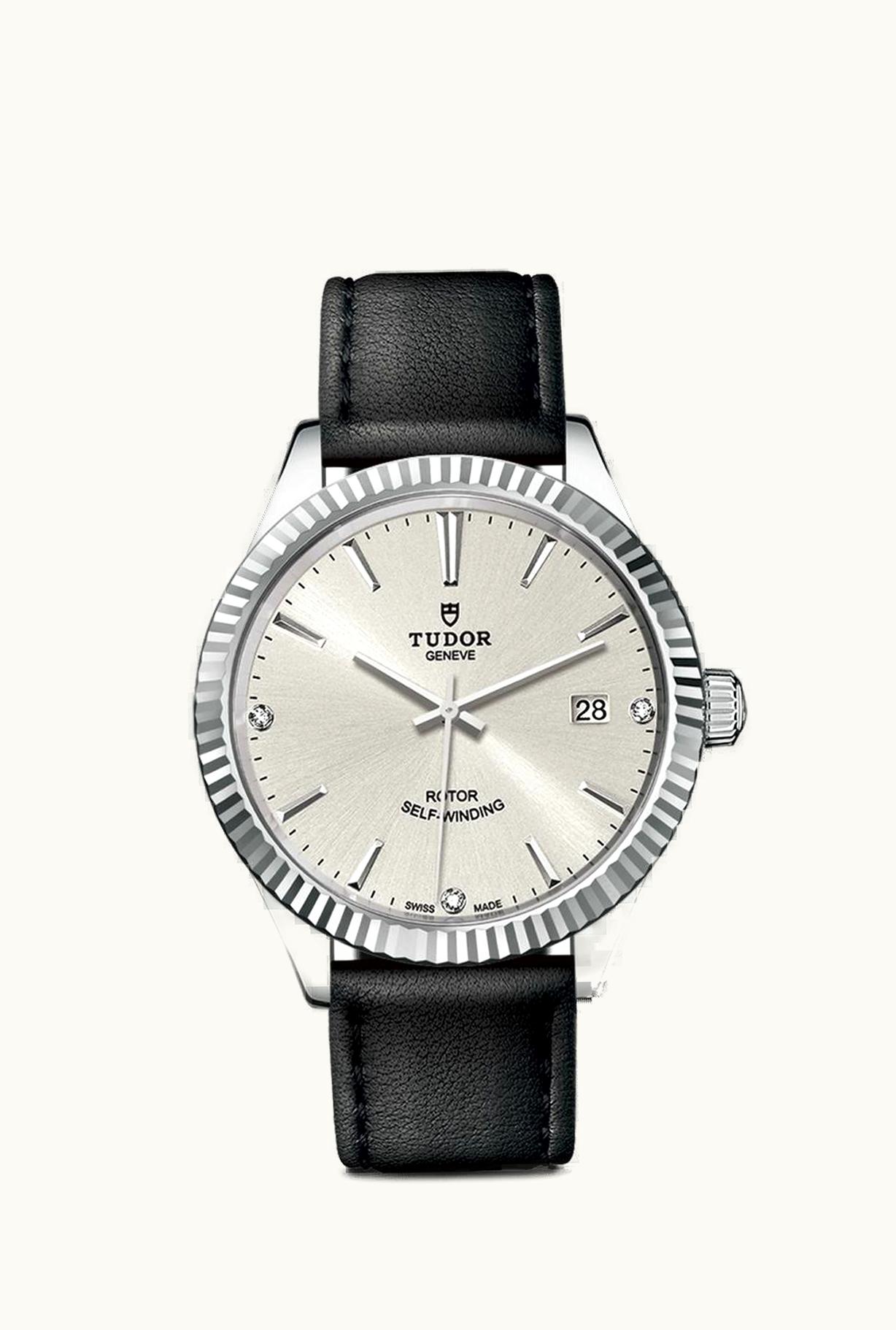 Tudor Style 38 Stainless Steel / Fluted / Silver-Diamond / Strap