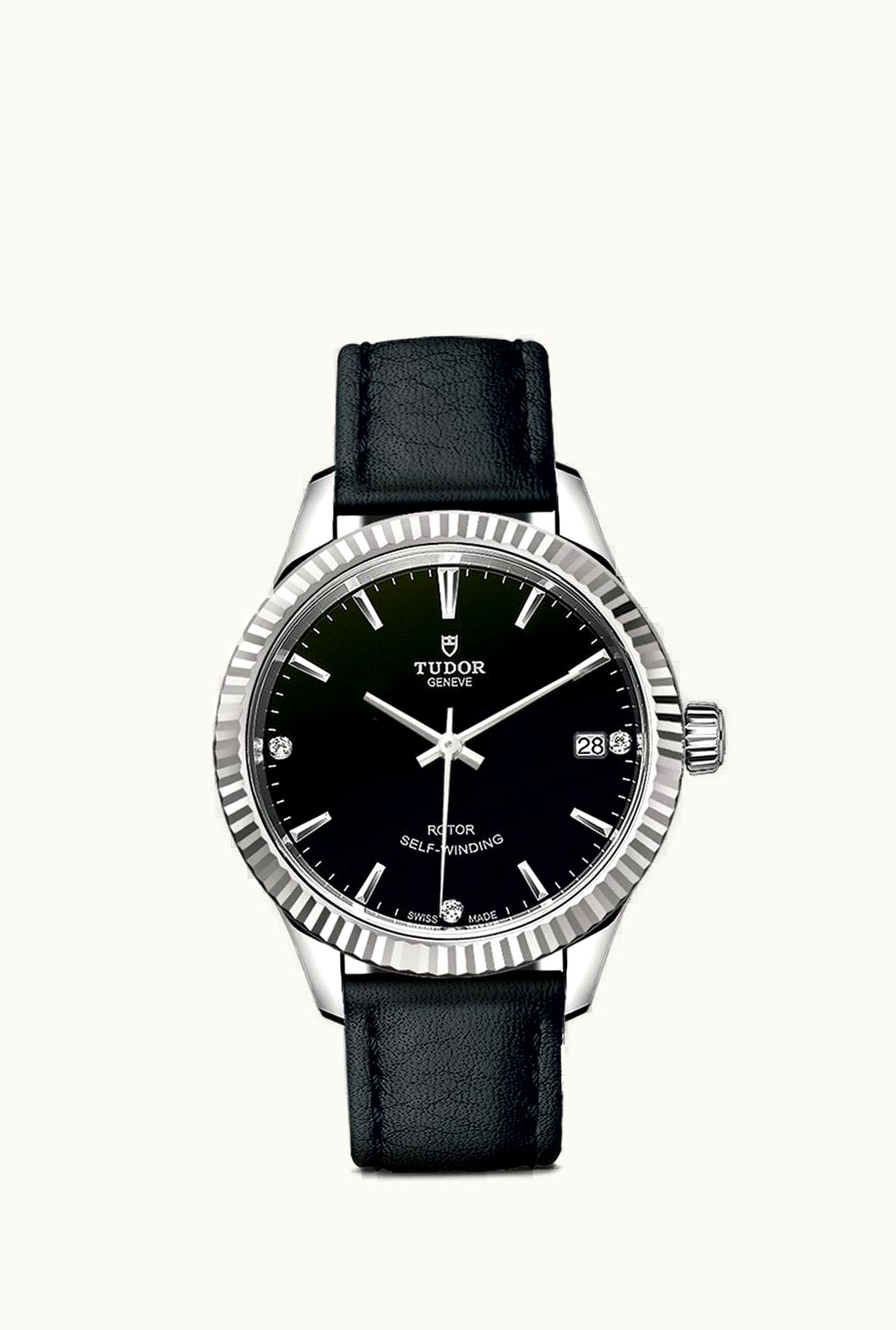 Tudor Style 34 Stainless Steel / Fluted / Black-Diamond / Strap