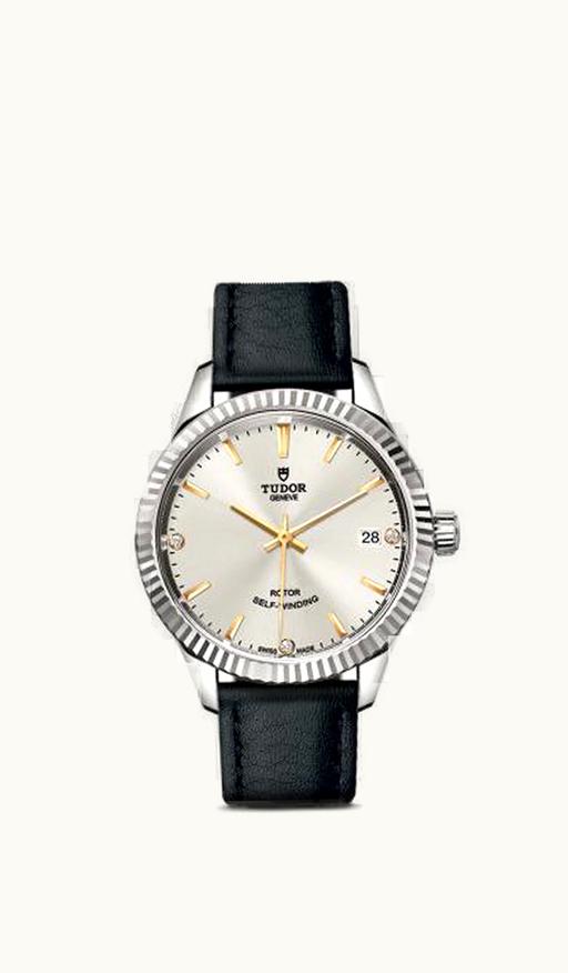 Tudor Style 34 Stainless Steel / Fluted / Silver-Diamond / Strap