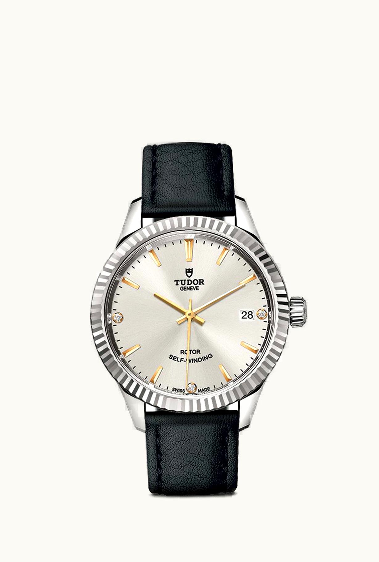 Tudor Style 34 Stainless Steel / Fluted / Silver-Diamond / Strap