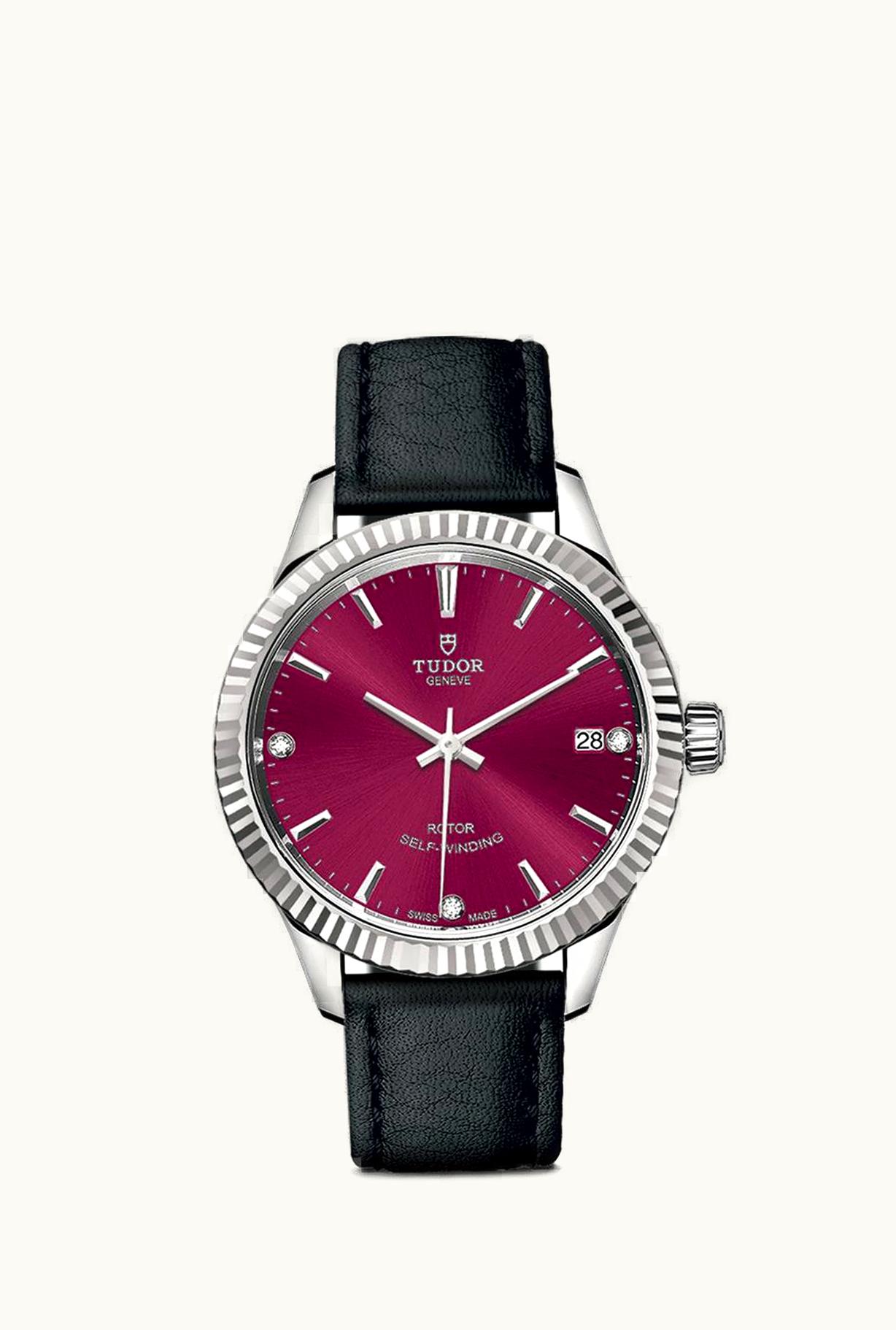 Tudor Style 34 Stainless Steel / Fluted / Burgundy-Diamond / Strap