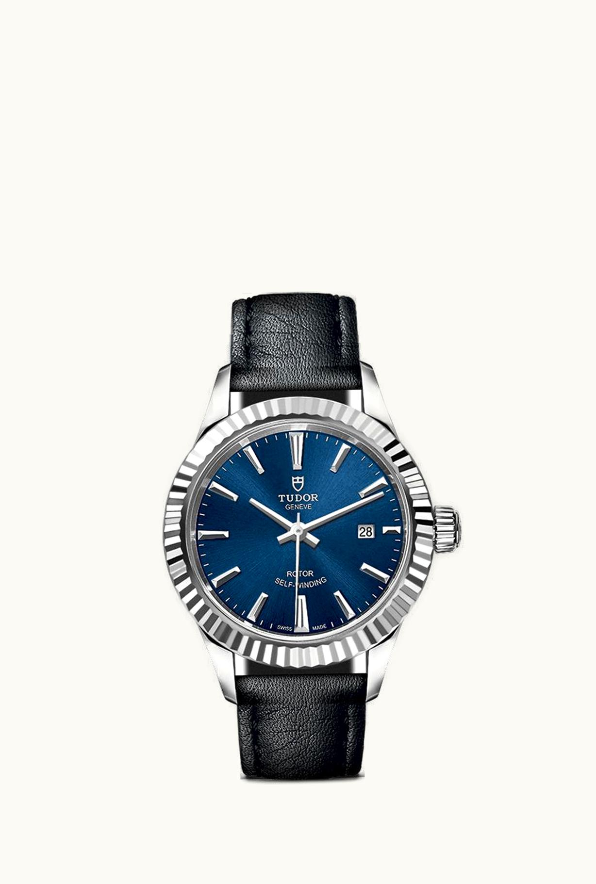 Tudor Style 28 Stainless Steel / Fluted / Blue / Strap