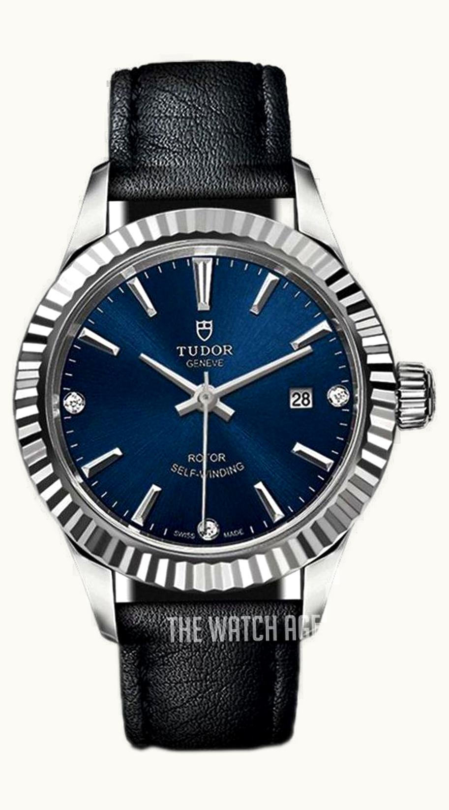 Tudor Style 28 Stainless Steel / Fluted / Blue-Diamond / Strap