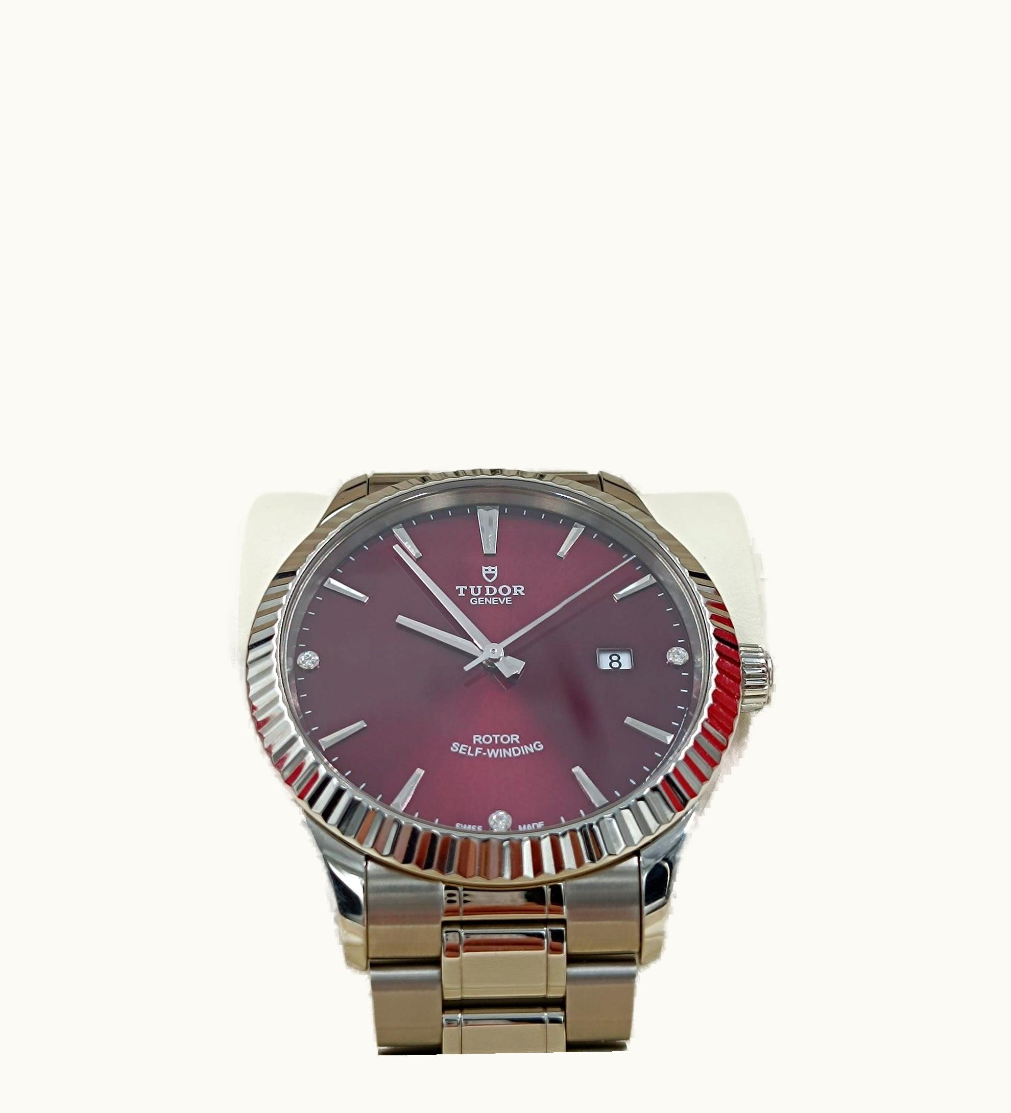Tudor Style 28 Stainless Steel / Fluted / Burgundy-Diamond / Bracelet