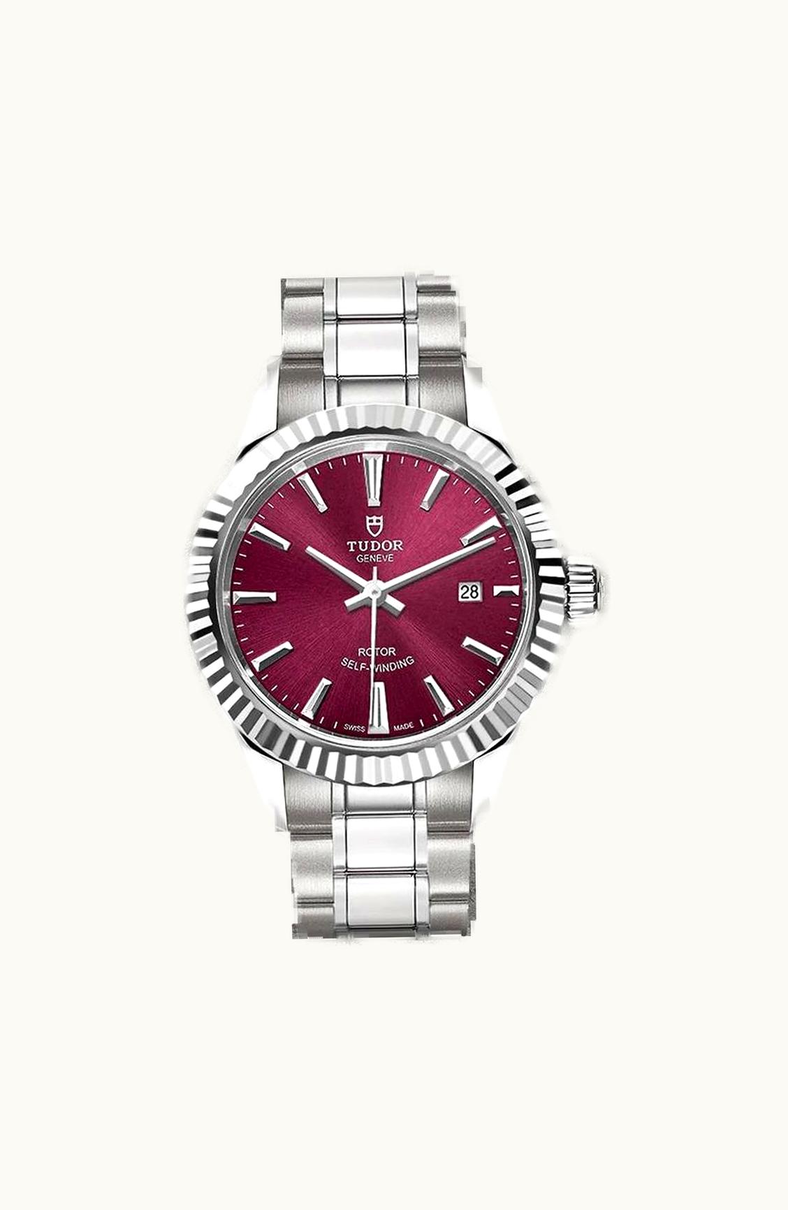Tudor Style 28 Stainless Steel / Fluted / Burgundy-Diamond / Strap