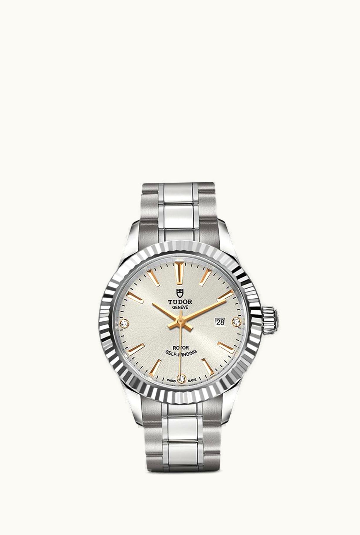 Tudor Style 28 Stainless Steel / Fluted / Silver-Diamond / Bracelet