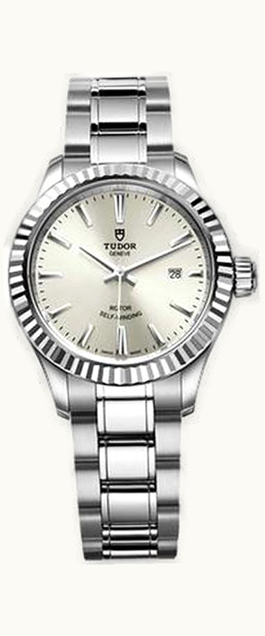 Tudor Style 28 Stainless Steel / Fluted / Silver-Diamond / Strap