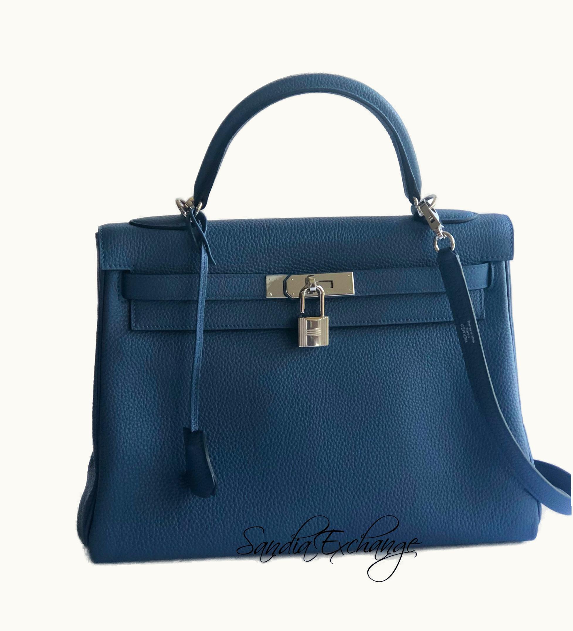 Hermès Hermès Kelly 32cm - Bleu Brighton - Clemence - Retourne - Palladium (PHW)