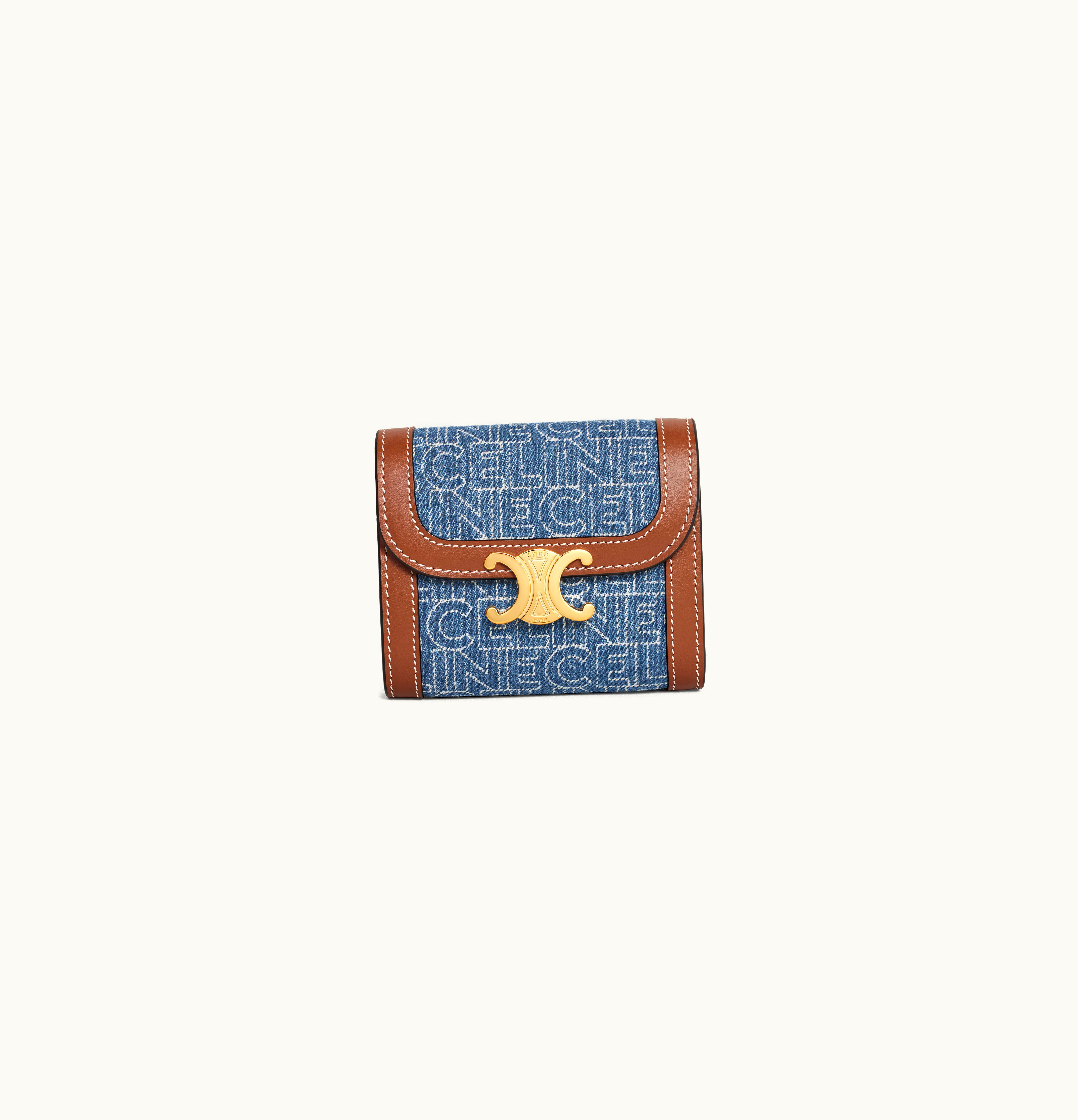 Celine Celine Small Wallet Triomphe In Denim With Celine All-Over Print Navy / Tan