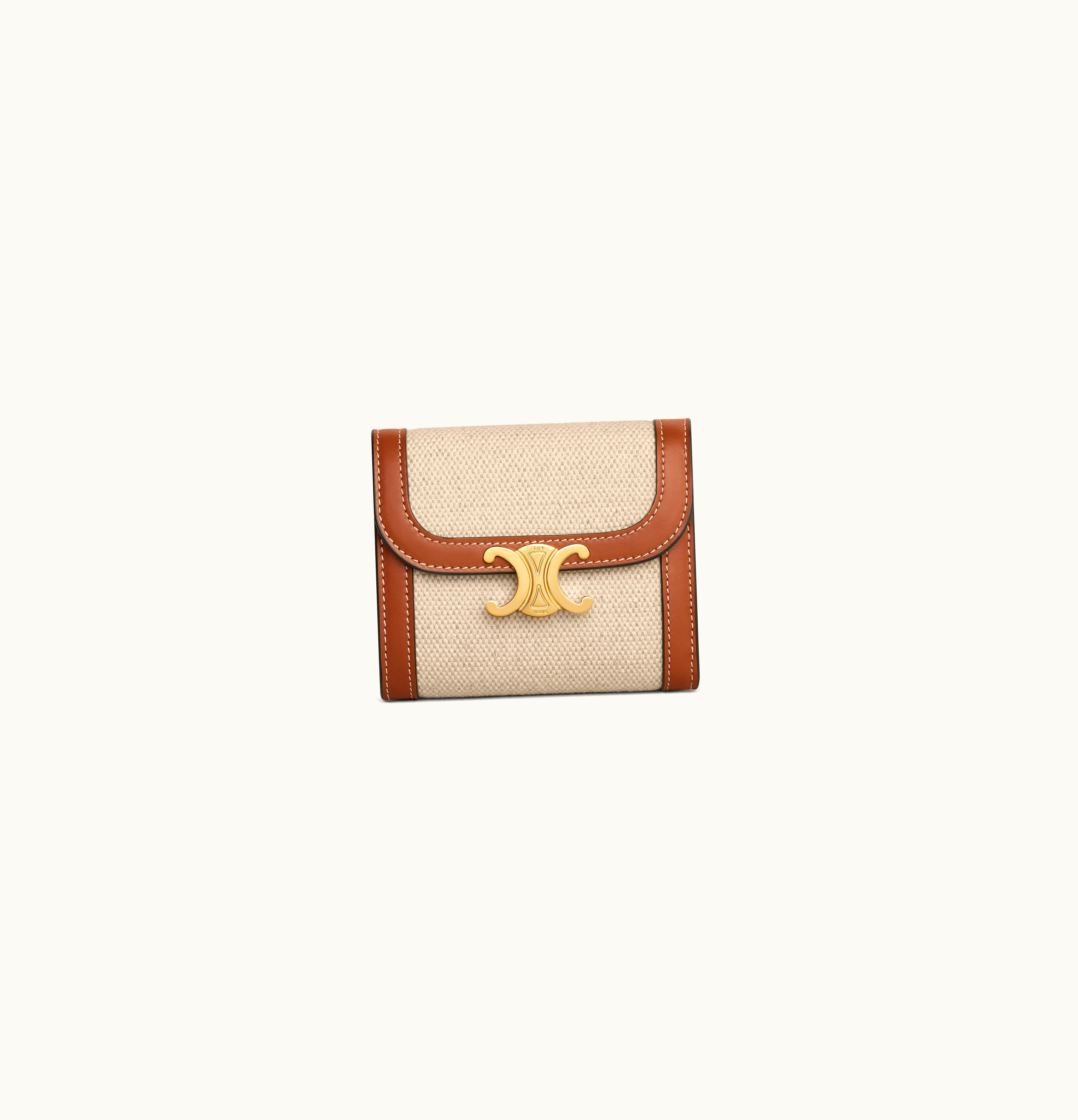 Celine Celine Small Wallet Triomphe In Textile And Calfskin Natural / Tan