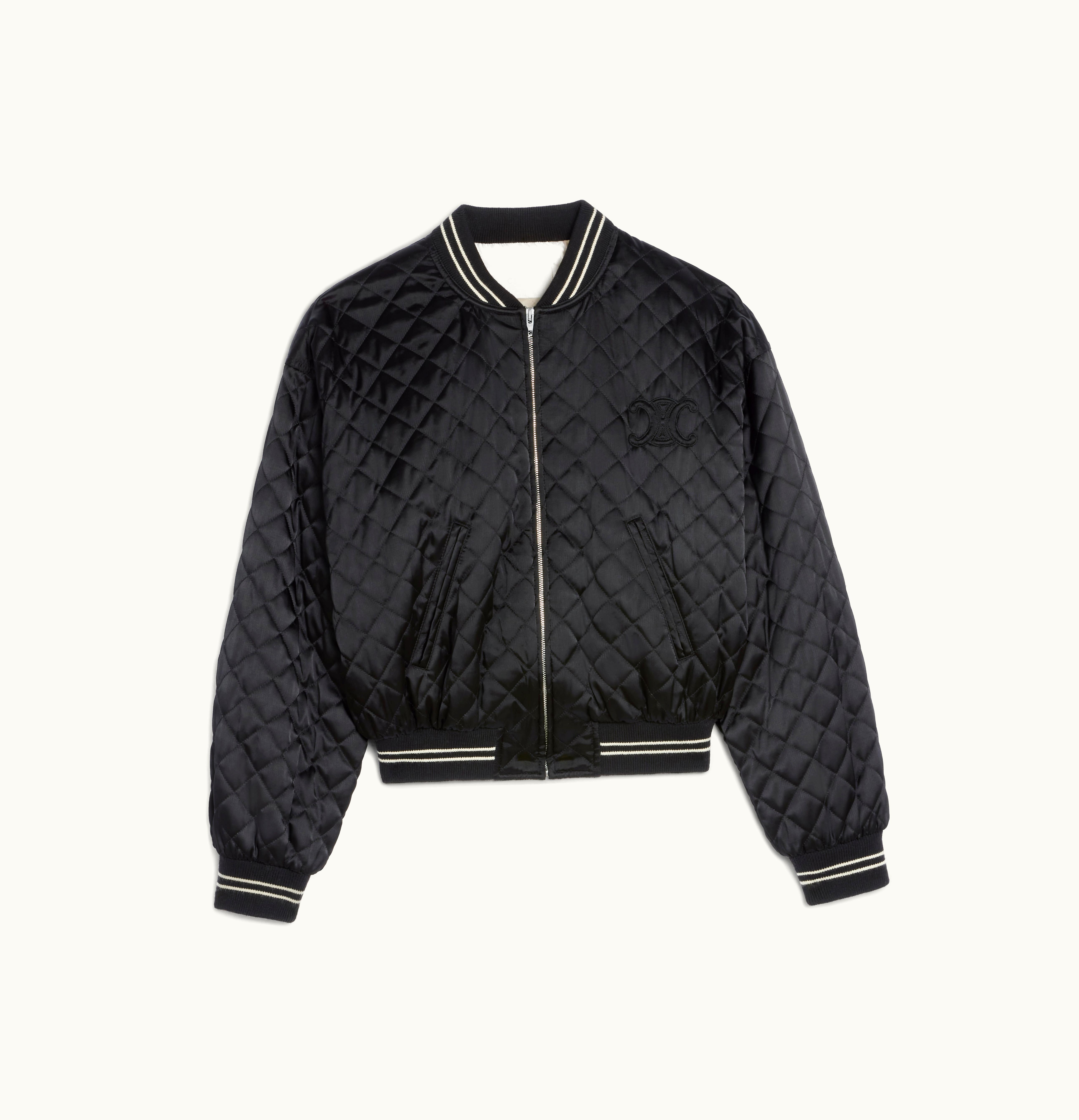 Celine Celine Triomphe Quilted Teddy Jacket In Satin Black