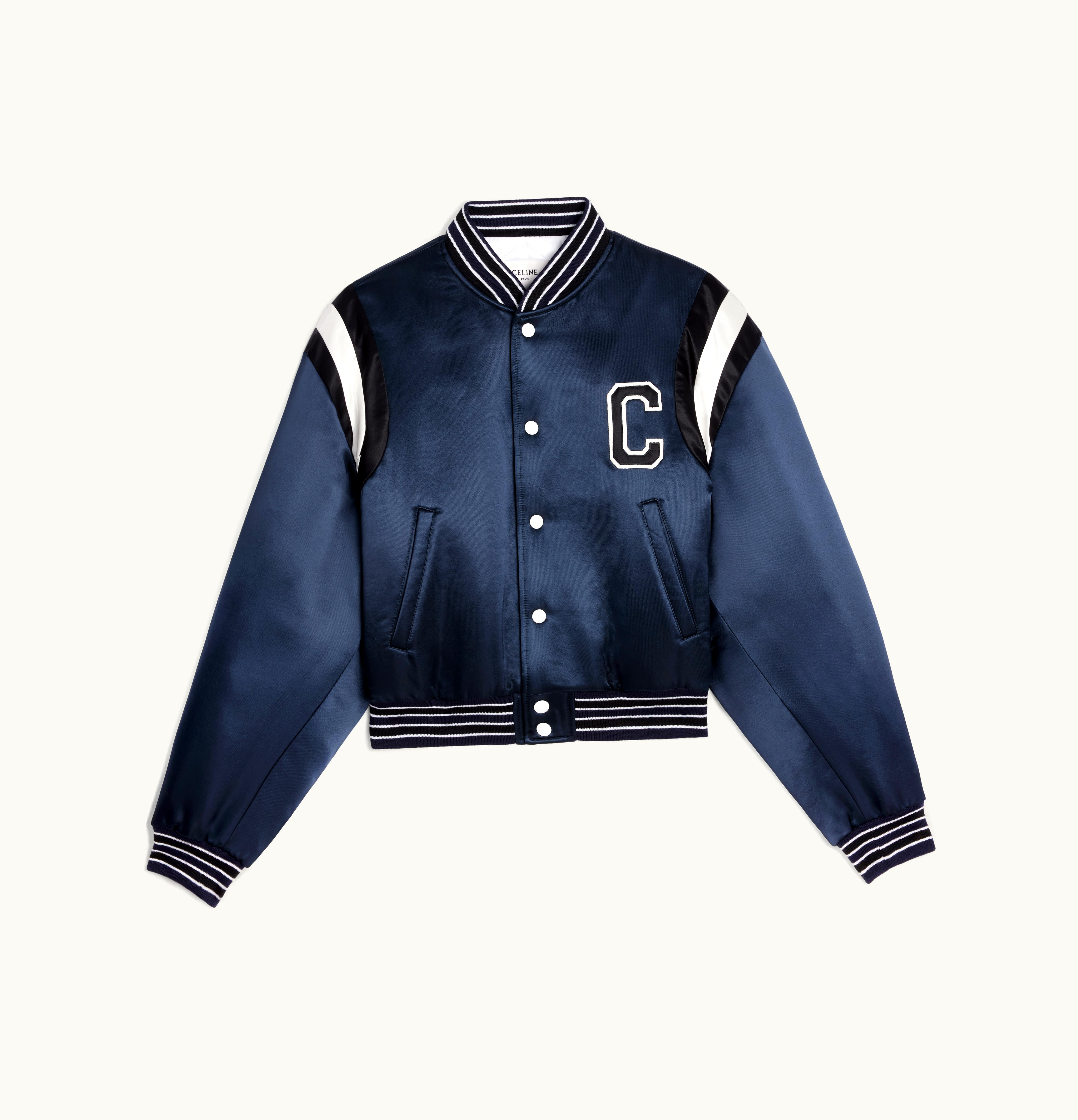 Celine Celine Wool Blend Cropped Bomber Jacket In Thick Satin Navy